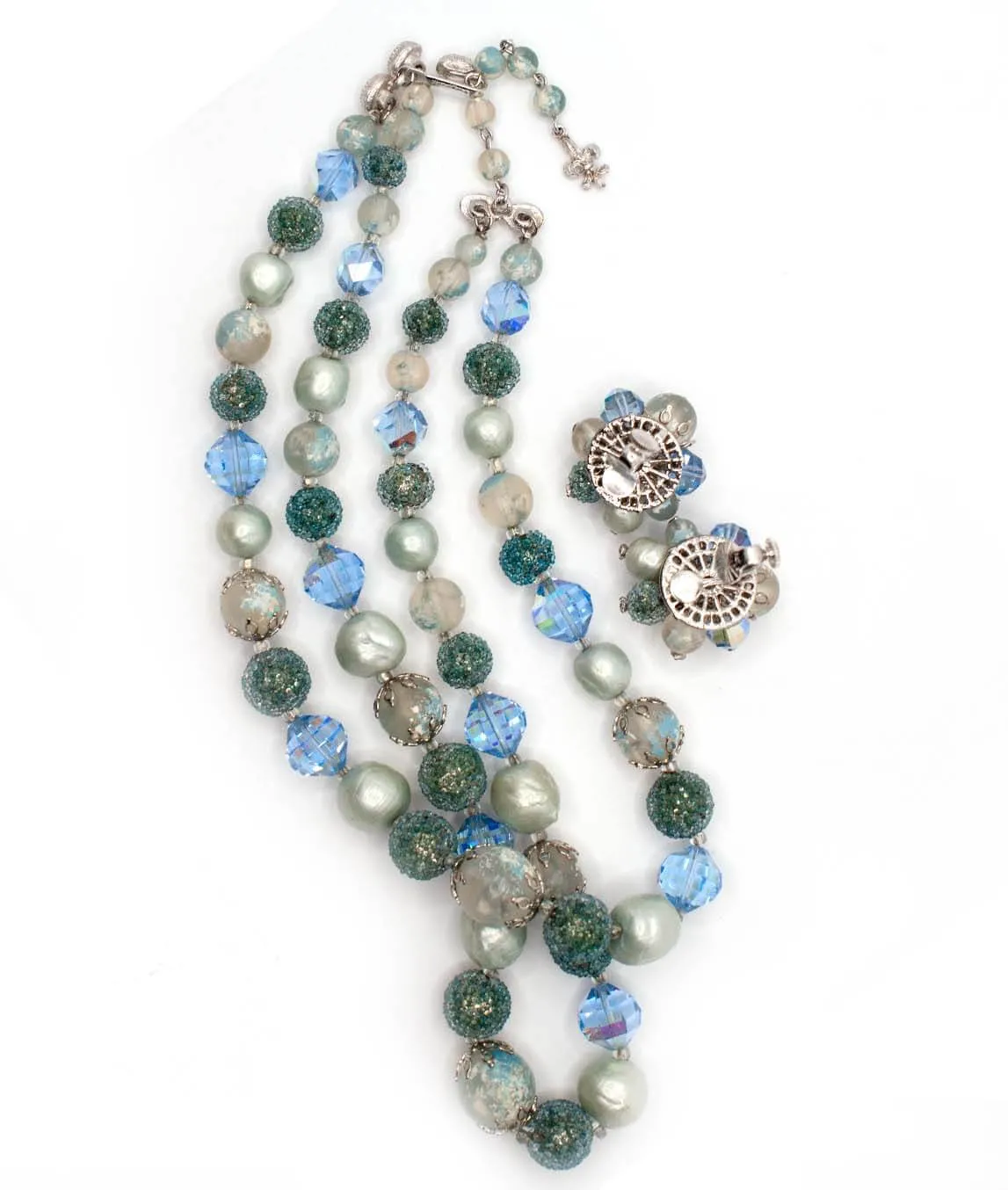 Vendôme Necklace and Earrings blue green and white beads earring backings in silver tone metal
