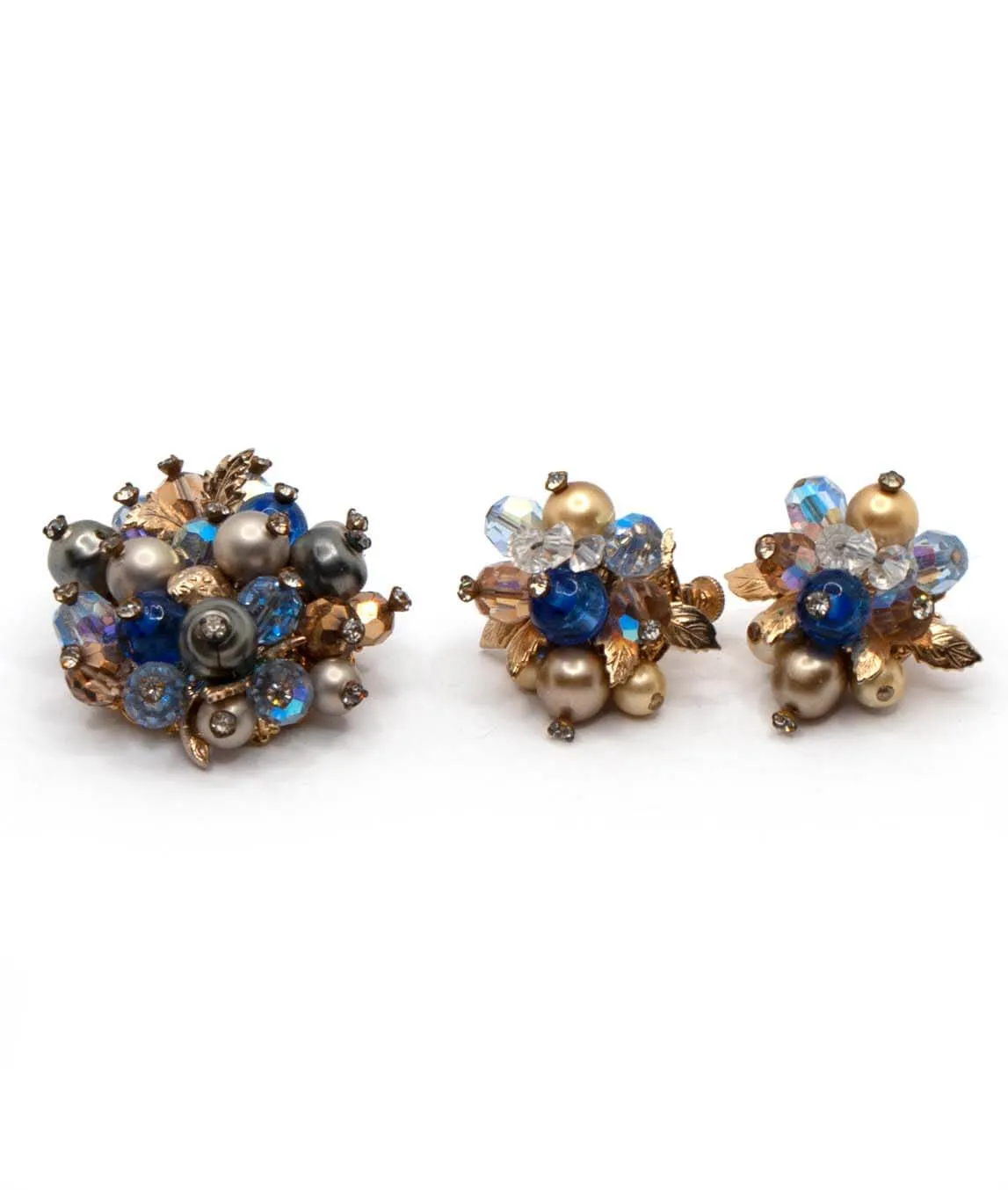 Vintage Vendôme brooch and earrings constructed from gold painted and blue faceted beads with rhinestones