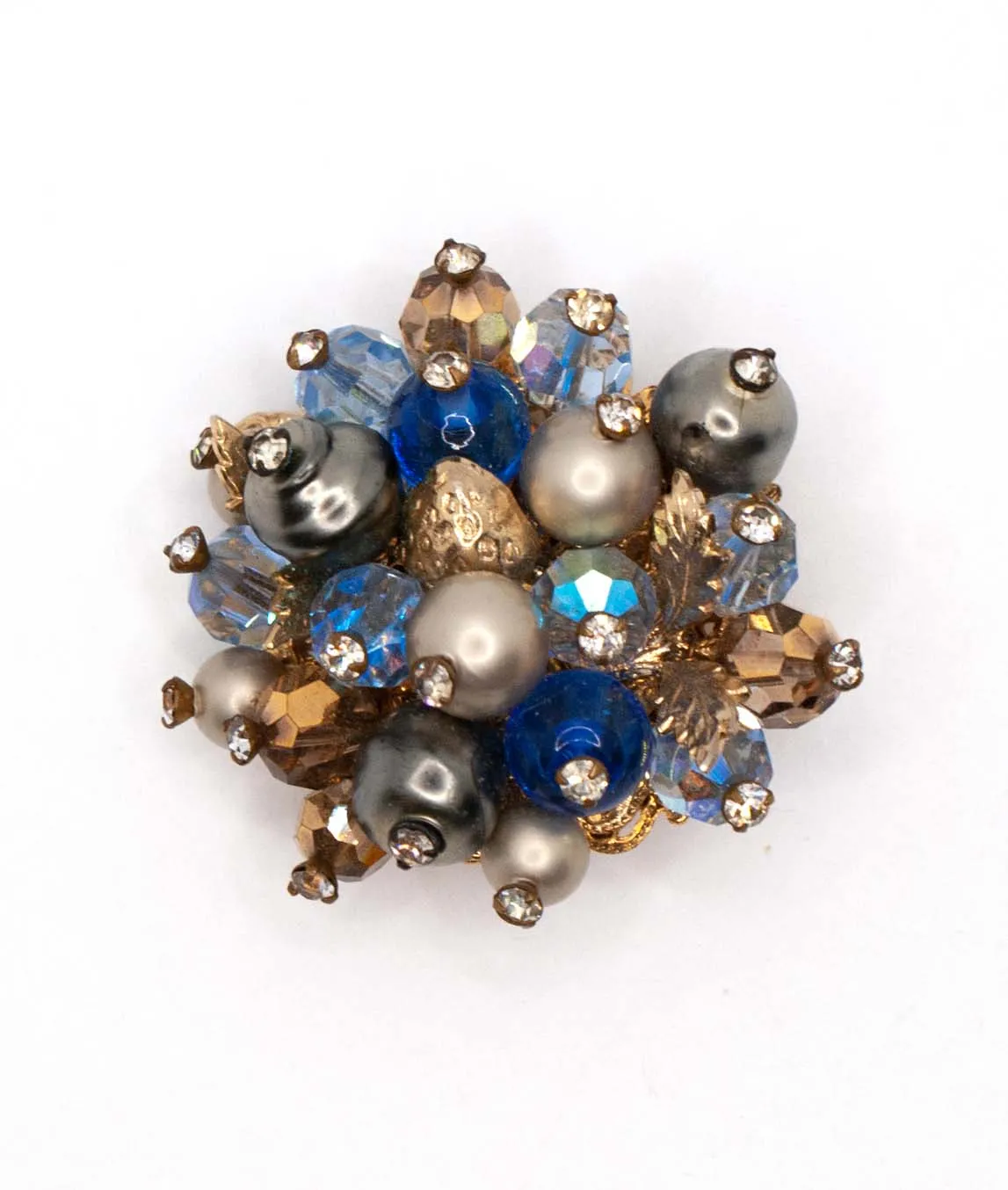 Vintage Vendôme brooch constructed from gold painted and blue faceted beads with rhinestones