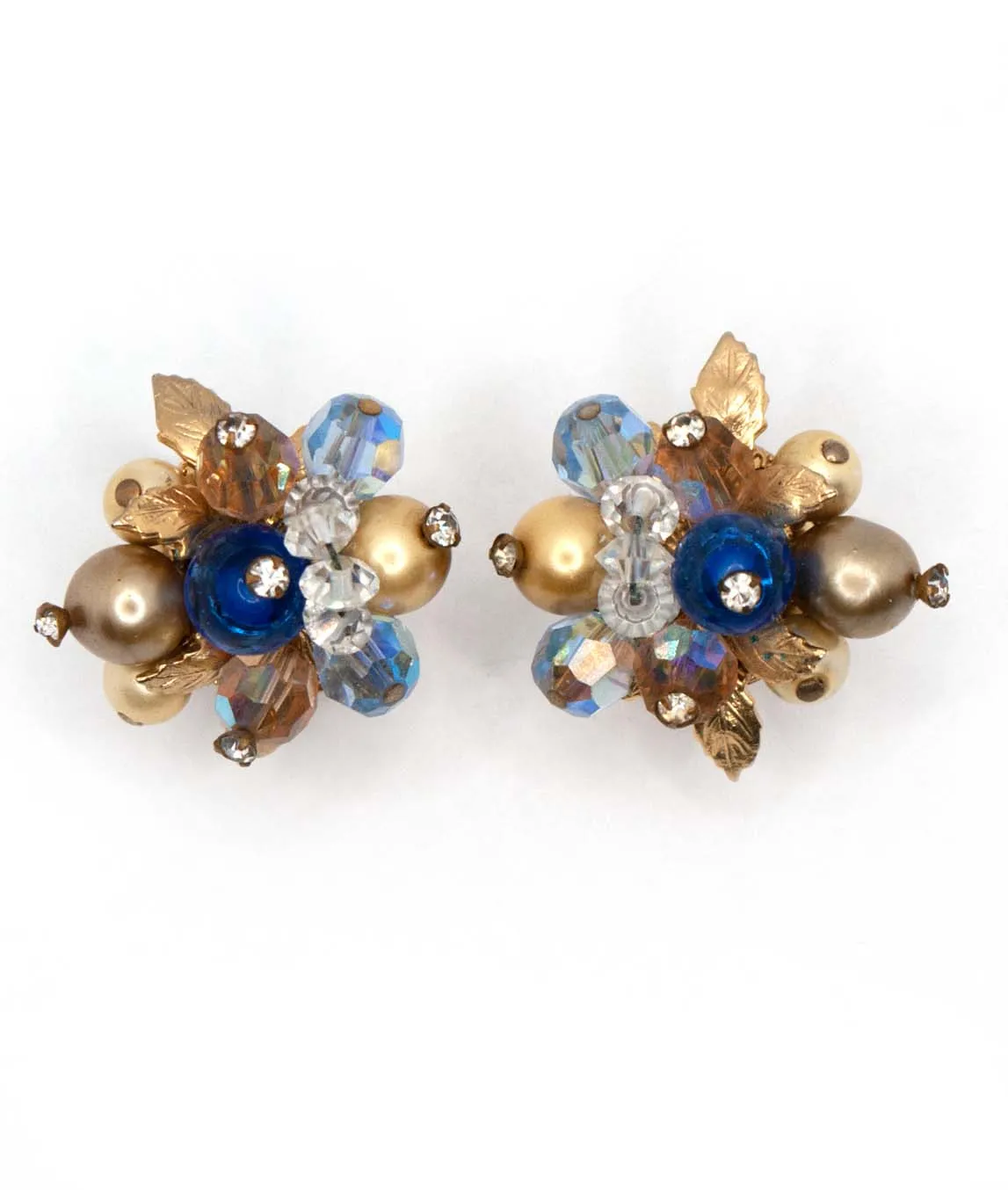 Vintage Vendôme earrings constructed from gold painted and blue faceted beads with rhinestones