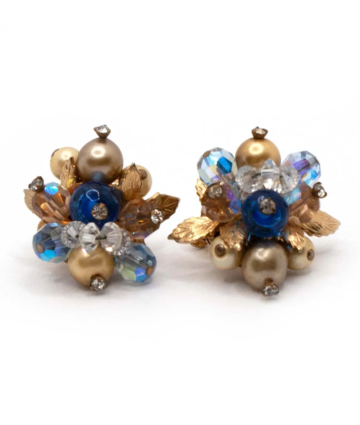 Vintage Vendôme earrings constructed from gold painted and blue faceted beads with gold plated leaves