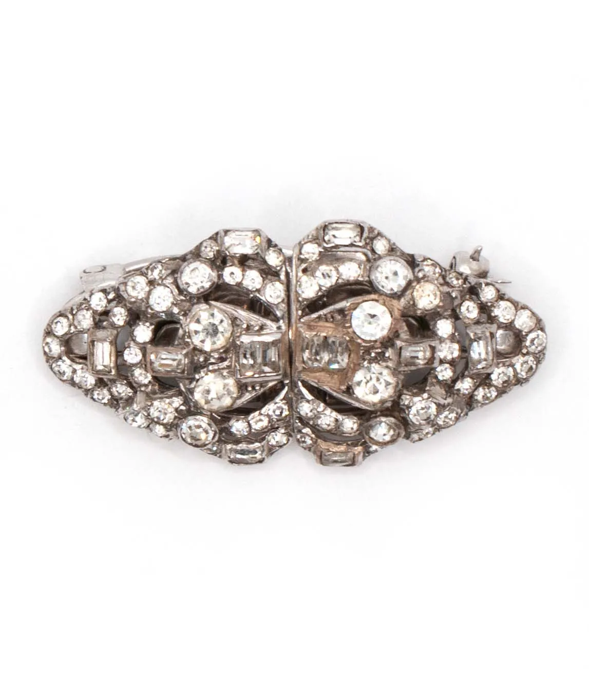 Double dress clip brooch with clear crystals