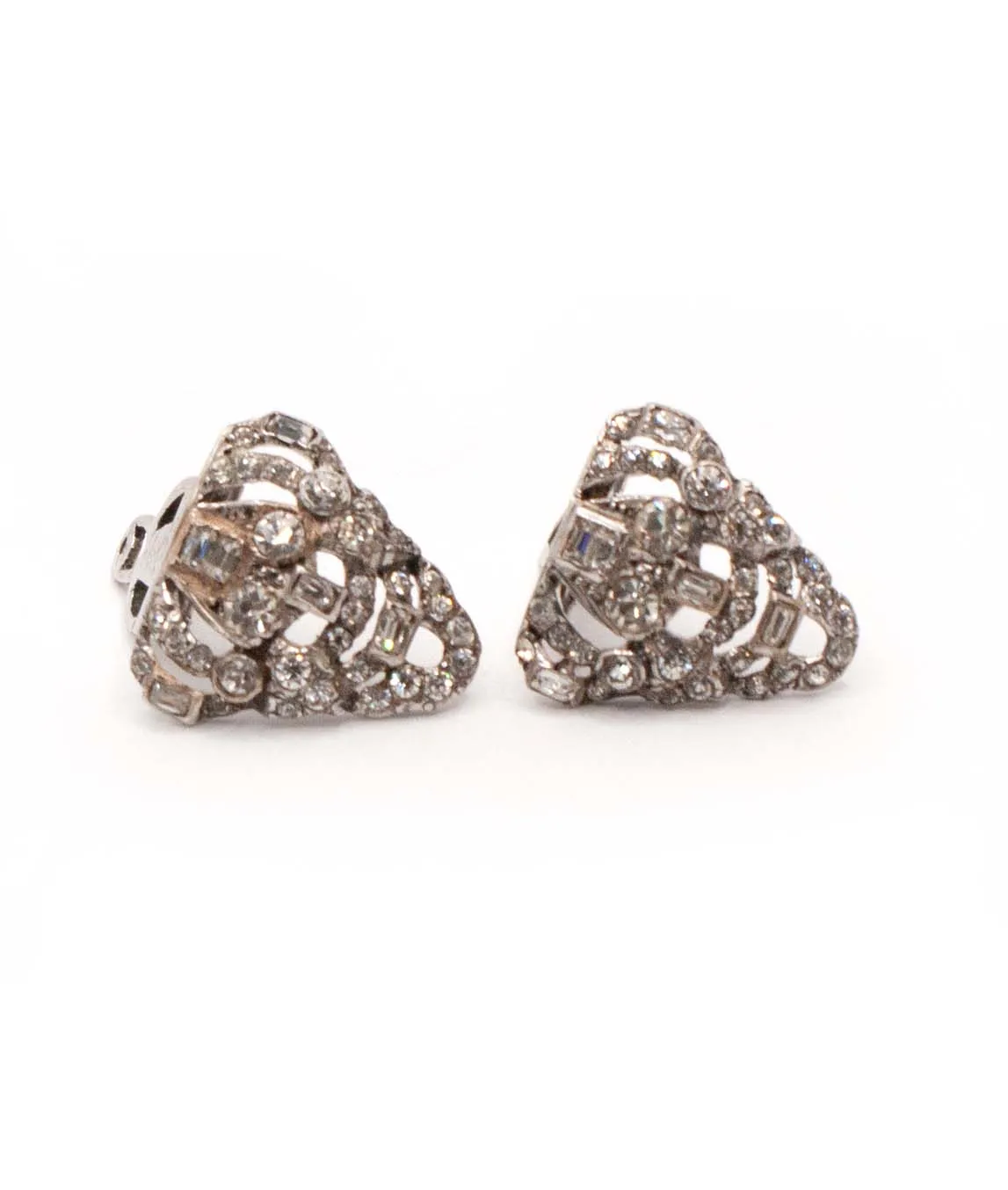 Two shield-shaped dress clips silver with clear crystals