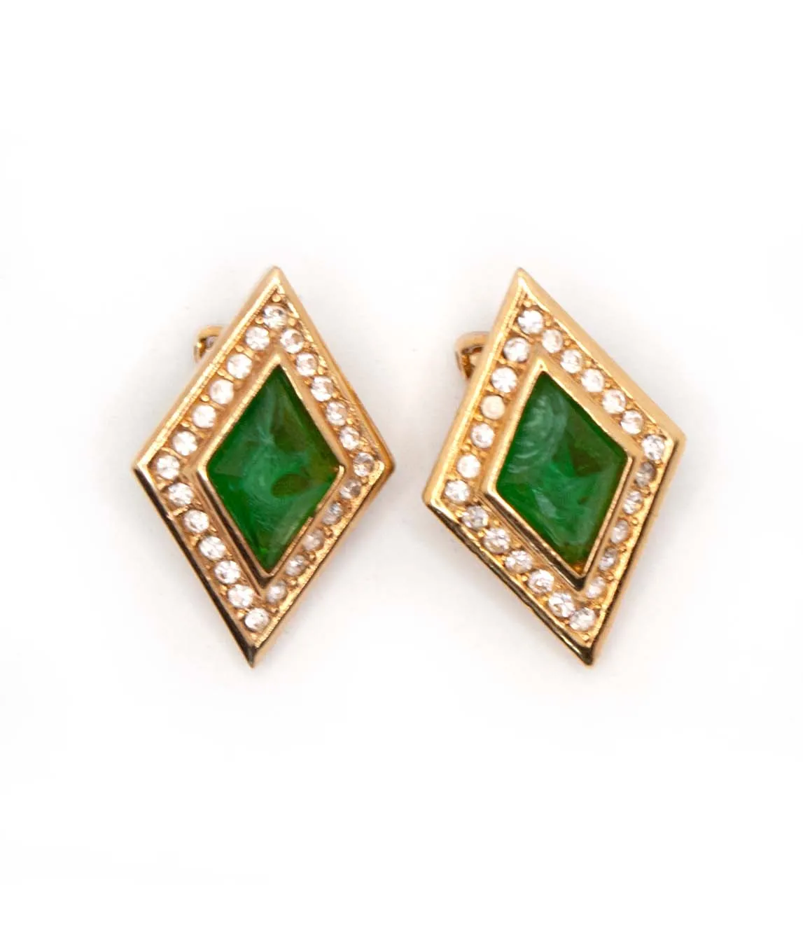Vintage Christian Dior clip earrings with flawed emerald art glass and rhinestones
