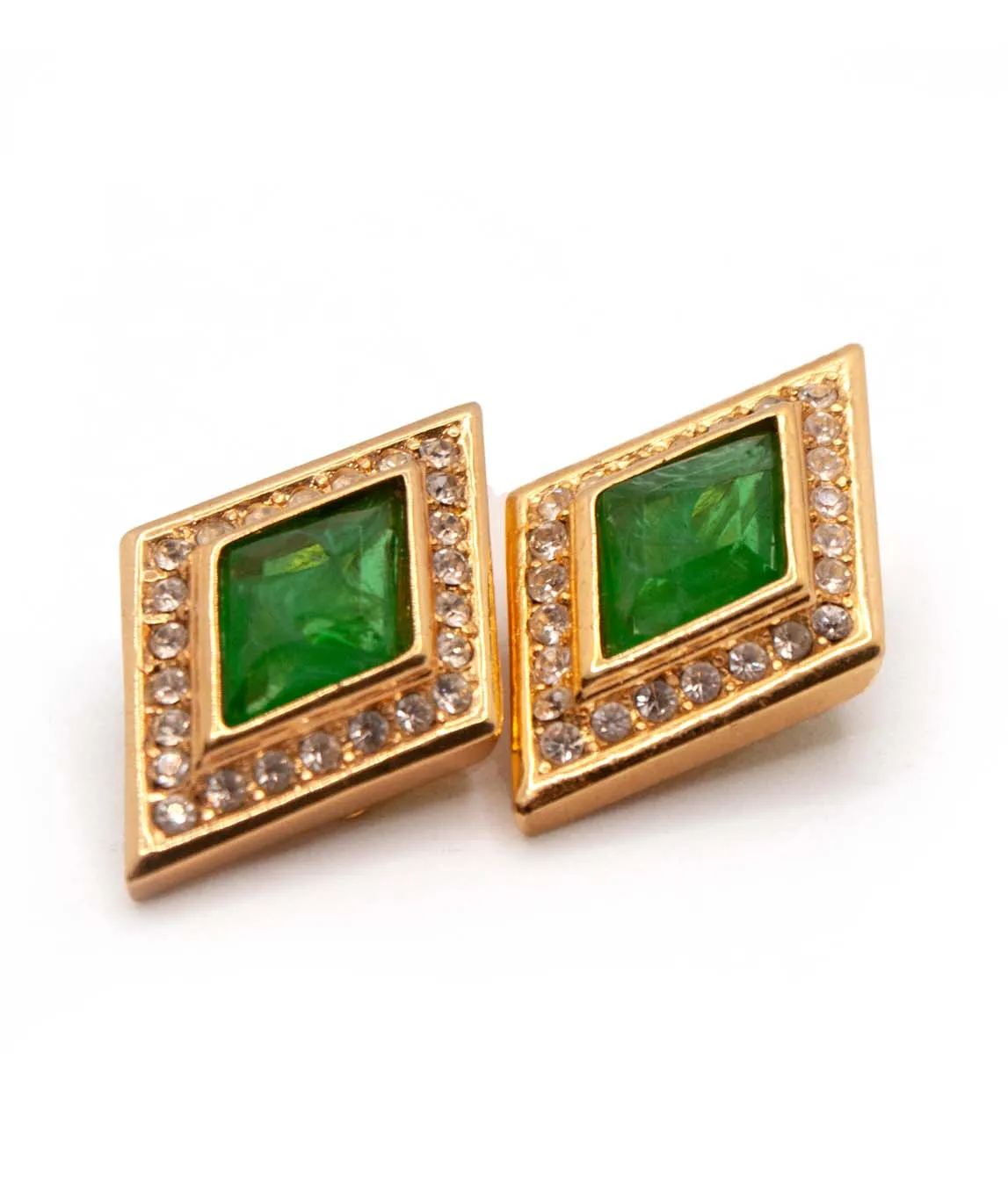 Vintage Christian Dior diamond shaped clip earrings with flawed emerald art glass and rhinestones