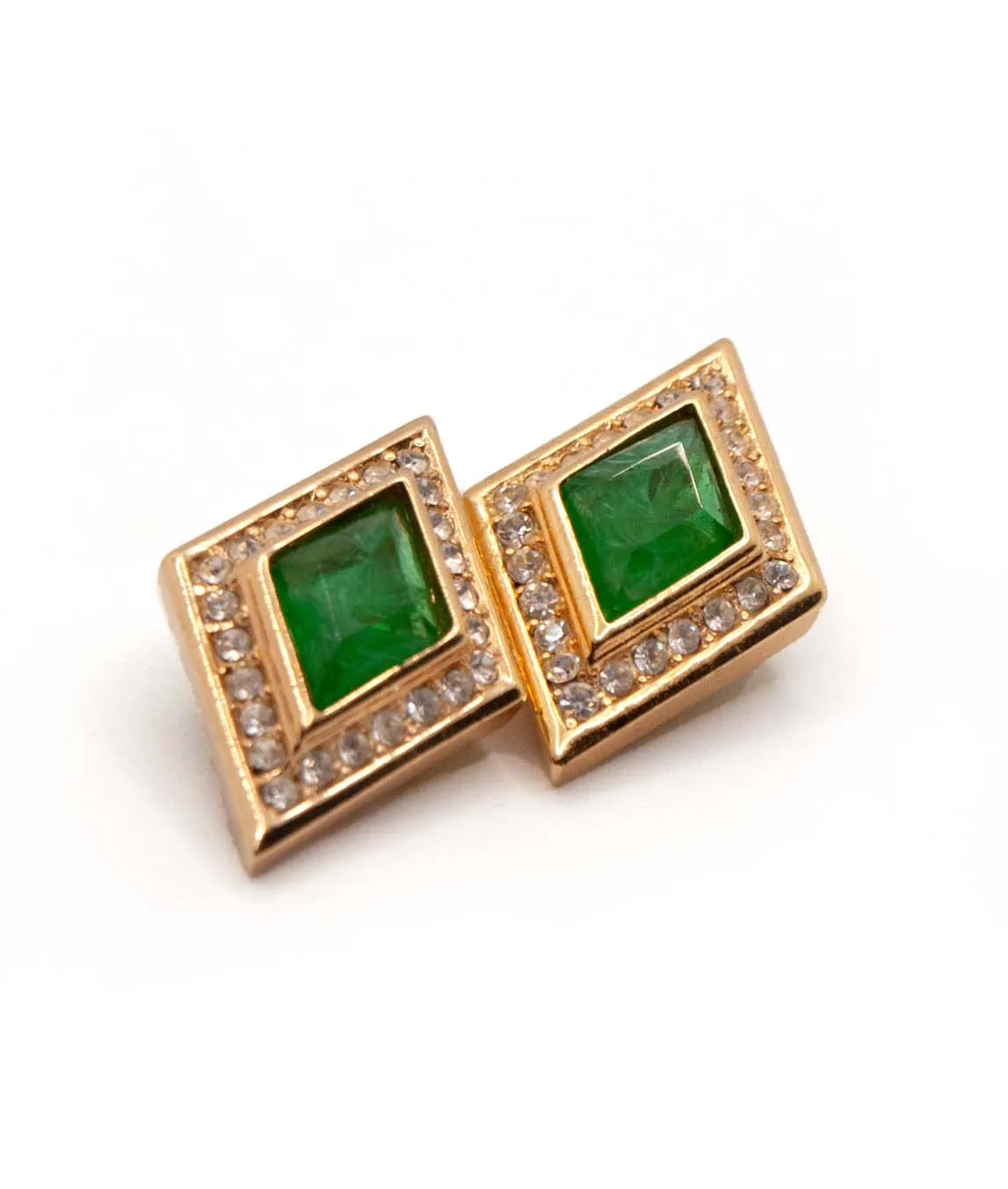 1980s Christian Dior diamond shaped clip earrings with flawed emerald art glass and rhinestones