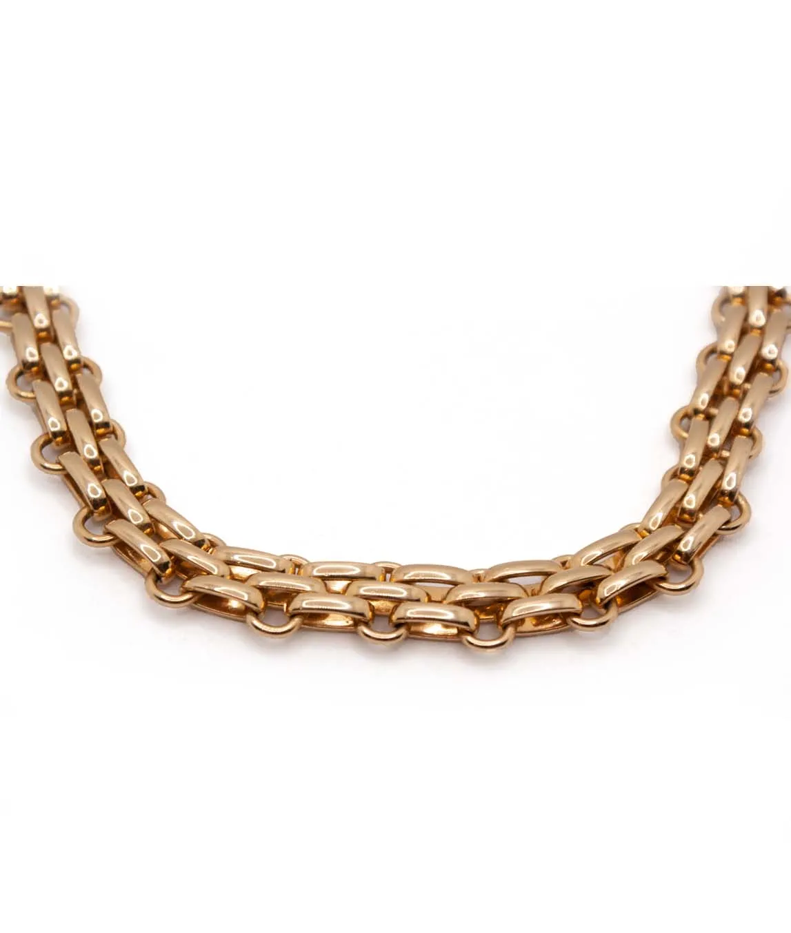 close up of Christian Dior chunky fancy link gold plated chain necklace