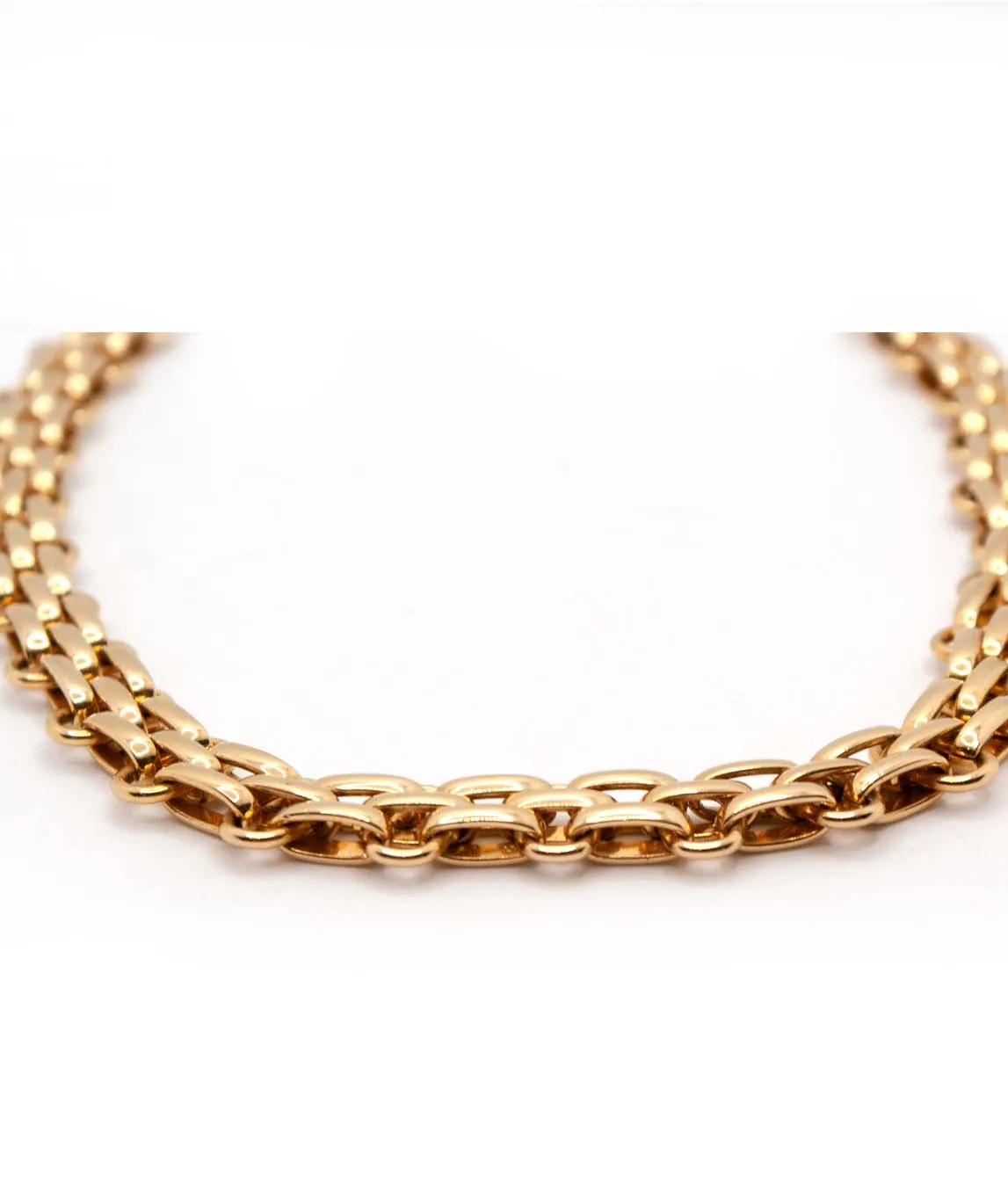 close up side view of Christian Dior chunky fancy link gold plated chain necklace