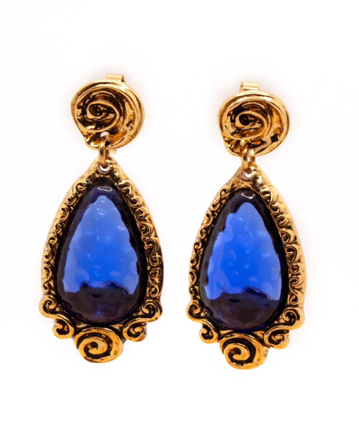 Vintage Christian Lacroix earrings with blue dimpled glass and gold plated metal