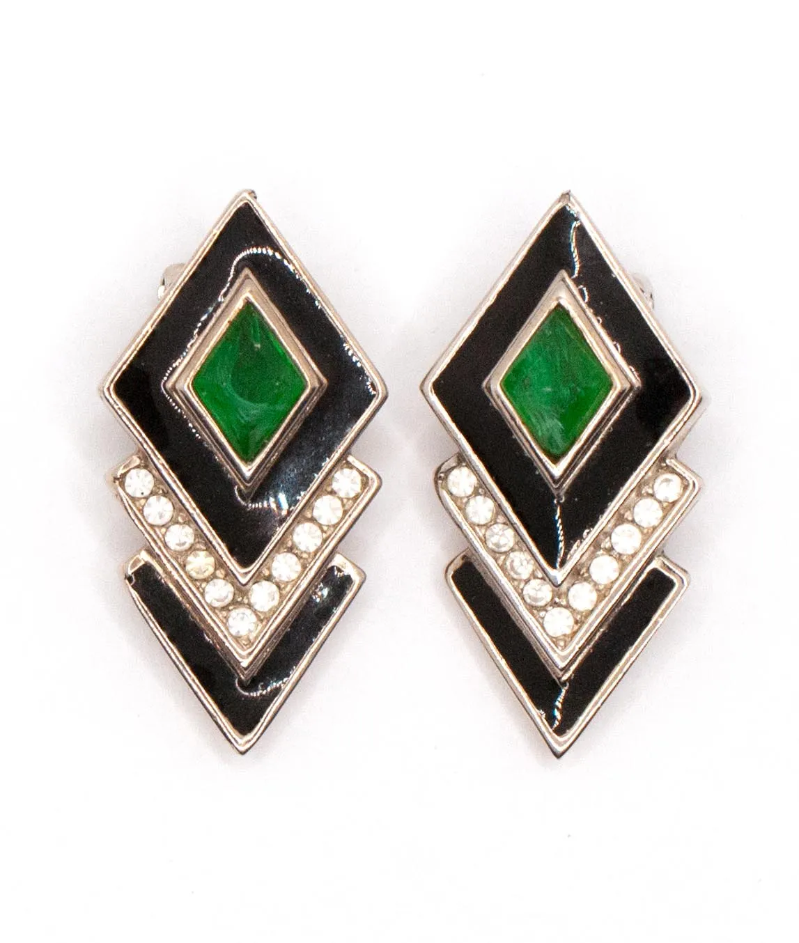 Black and green earrings in an art deco geometric style with rhinestones by Christian Dior