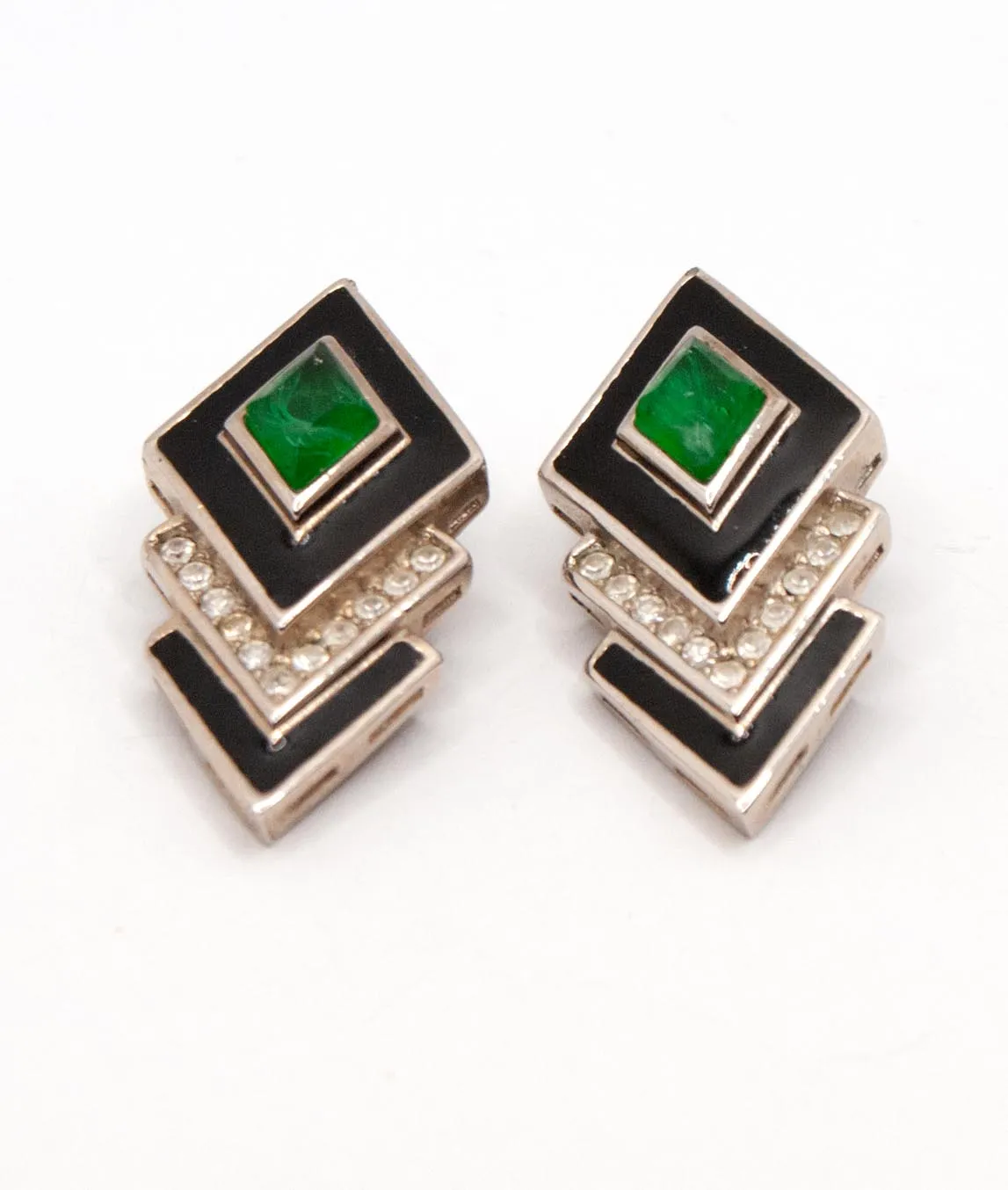 Black and green earrings in an art deco style with rhinestones by Christian Dior