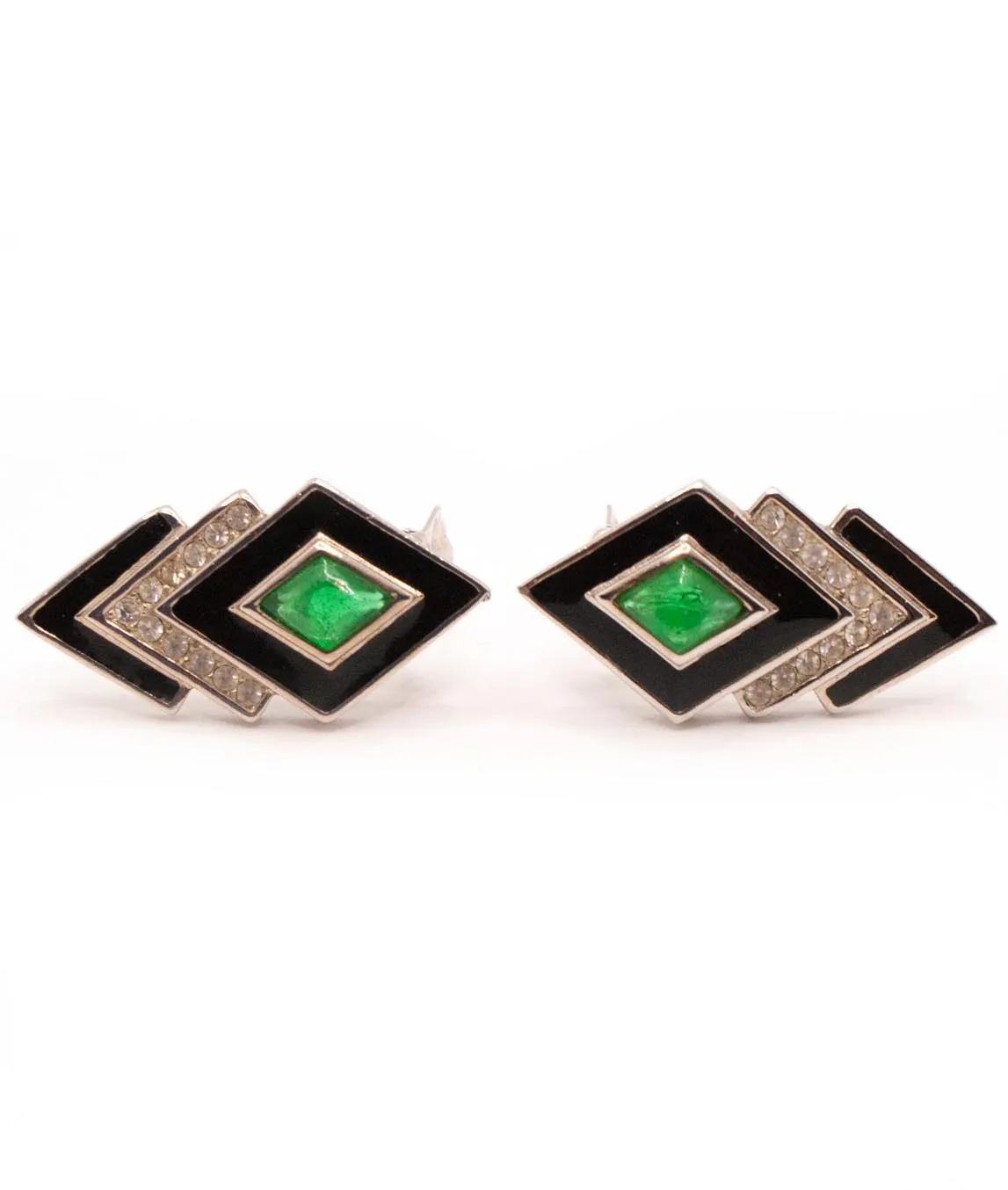 Black and green earrings in an art deco style with rhinestones by Christian Dior on their side