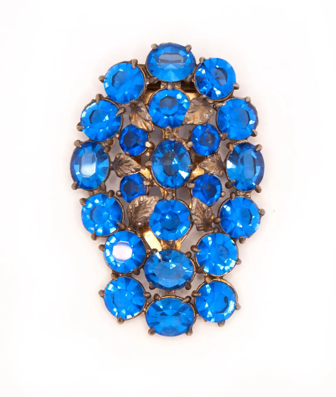 Big blue crystal dress clip with round pastes and metal leaves