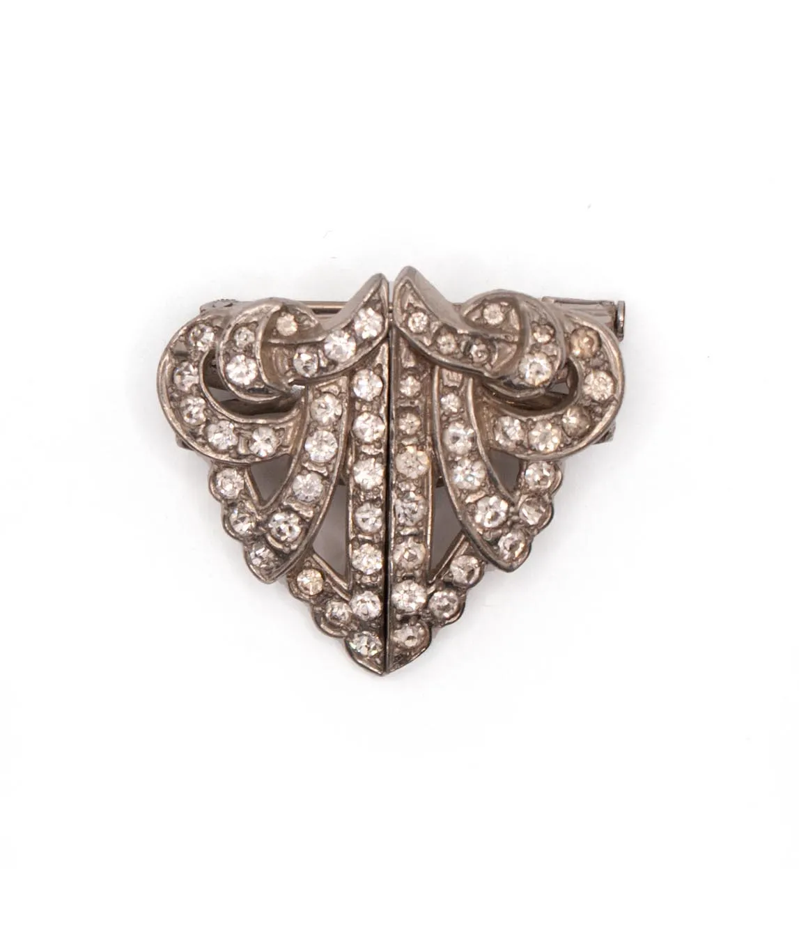 Art Deco era French double dress clip in a shield shape silver alloy with clear crystals