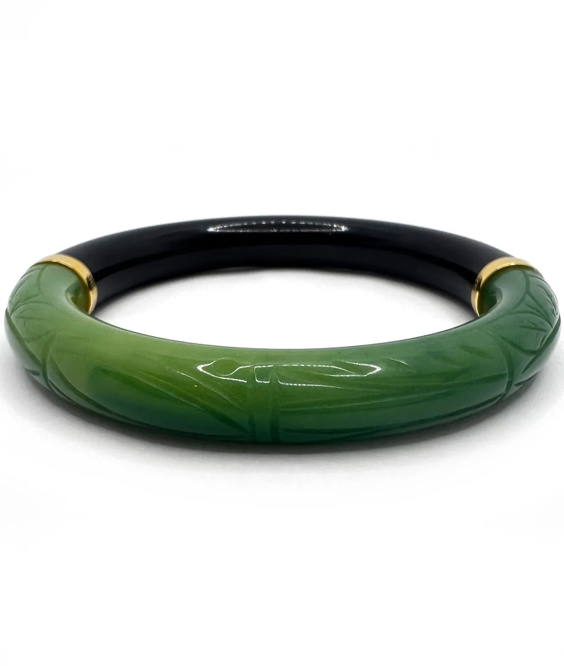 Givenchy green and black bangle with gold joins view of carved green side