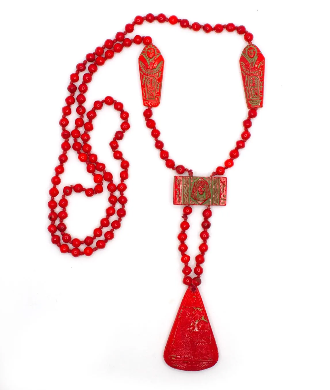Neiger Brothers red bead Egyptian Revival Art Deco necklace with pendant on white background