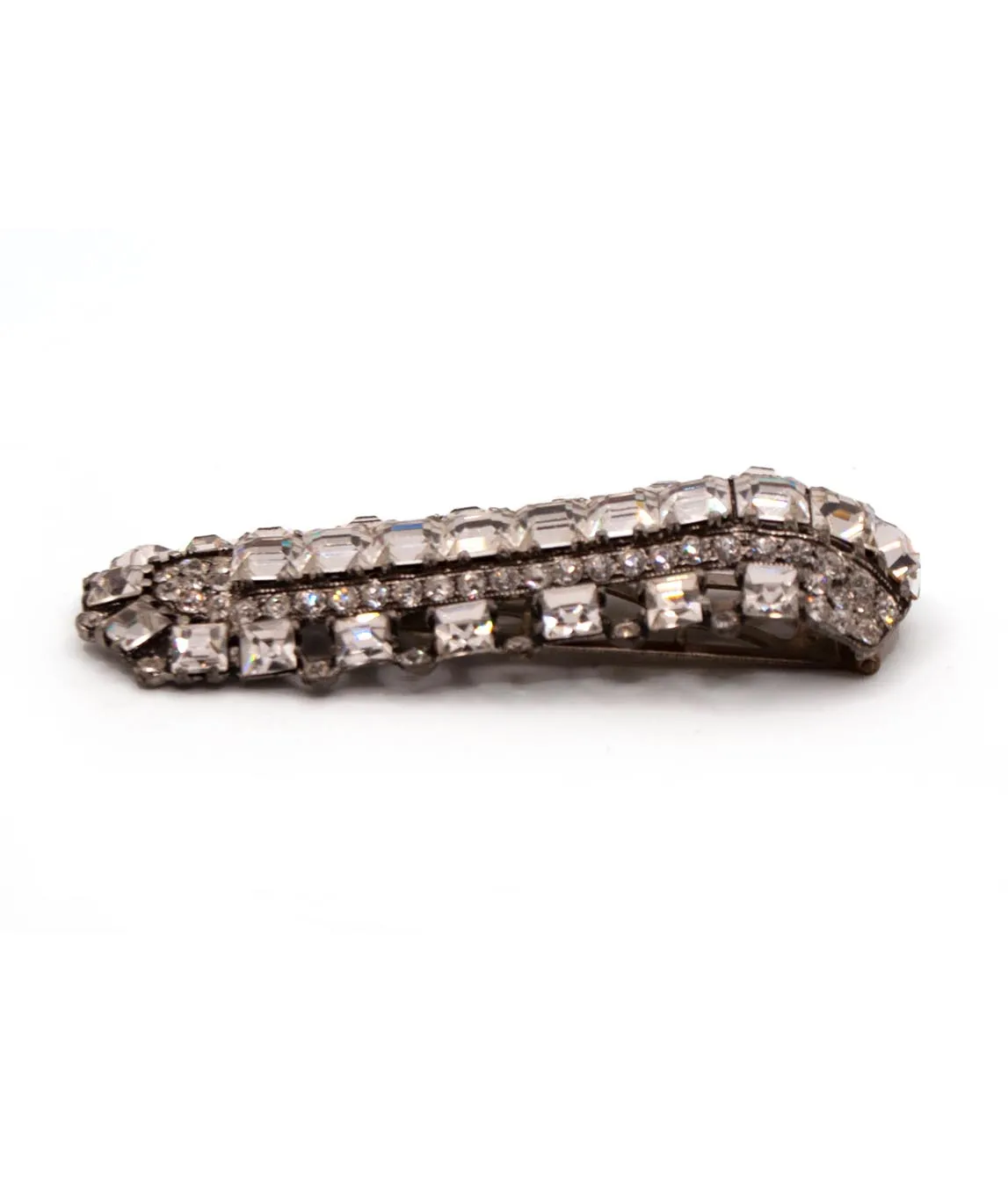 Long crystal dress clip with square and round pastes profile view