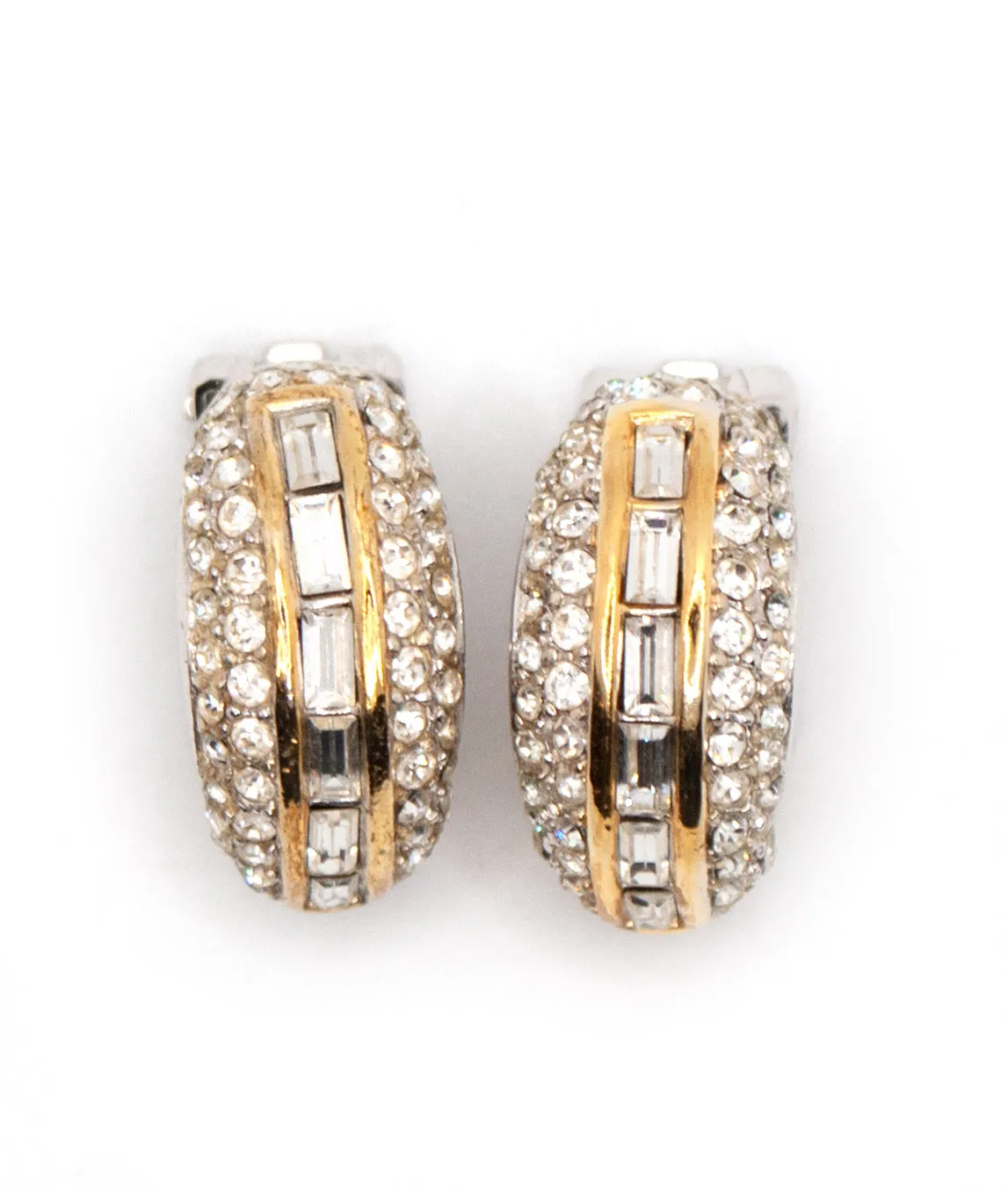 Vintage 1980s Christian Dior demi hoop earrings with rhinestones and gold-tone and silver-tone metal