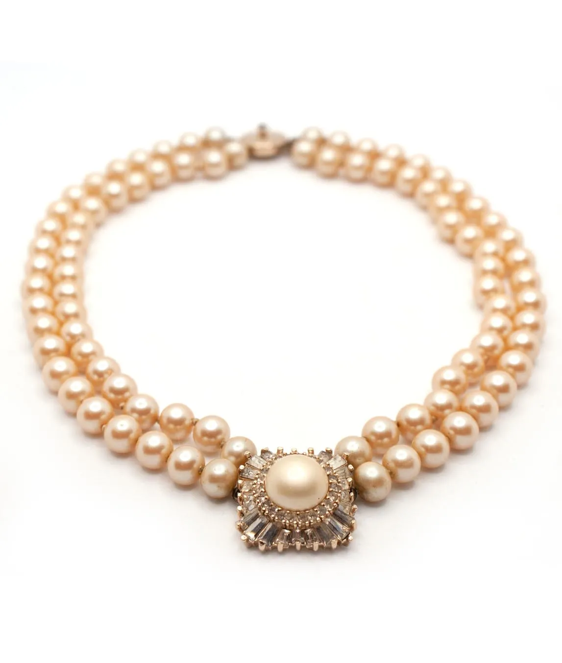 Panetta double strand faux pearl necklace with champagne beads and central pendant
