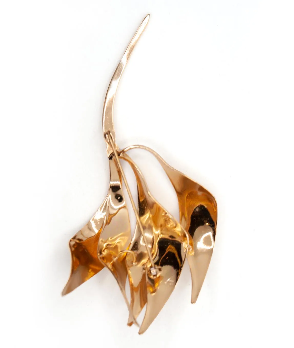 Gold-plated multi-leaf brooch by Henkel and Grosse with textured metal leaves back view