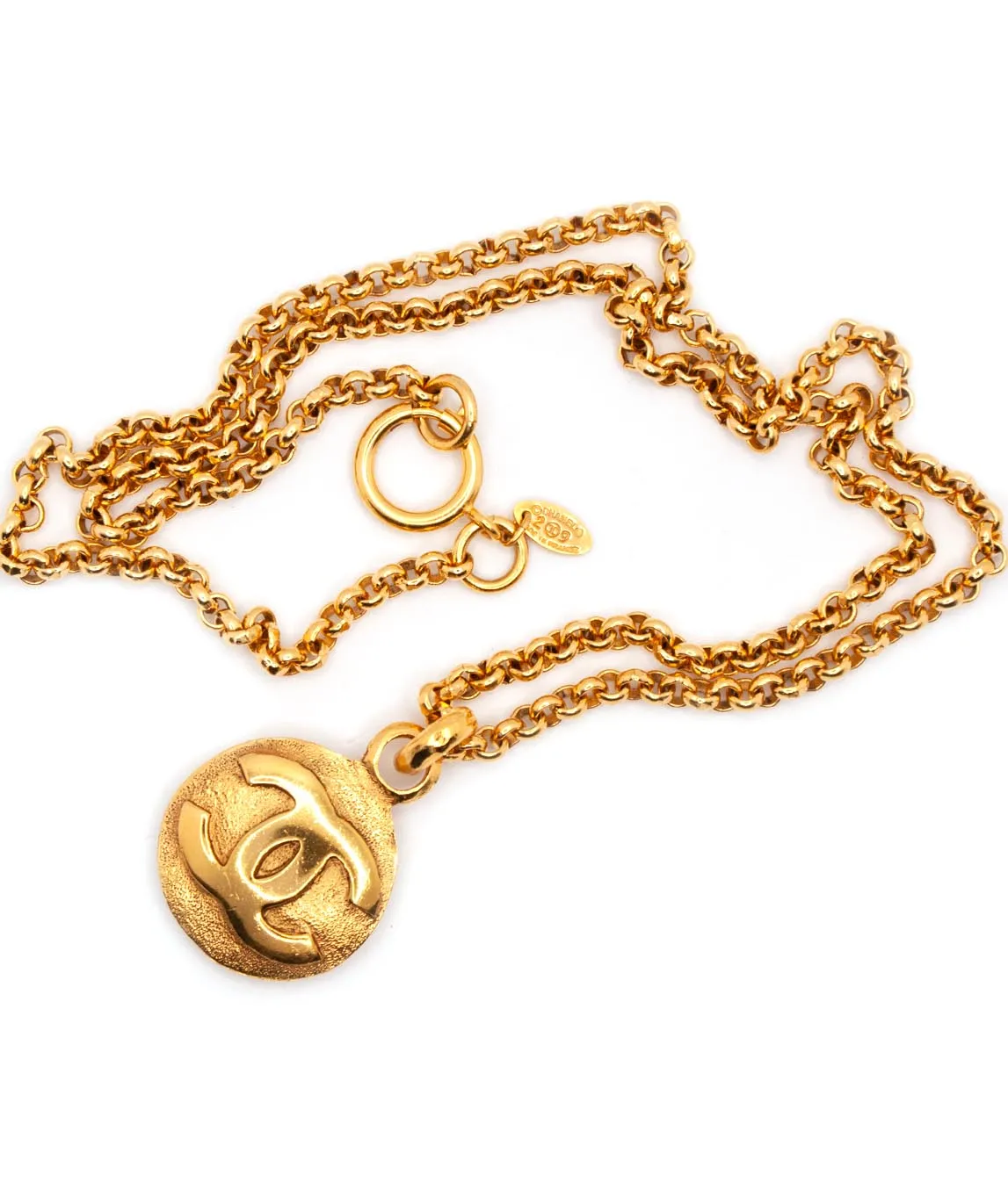 Vintage Chanel Logo Pendant on long chain necklace gold plated