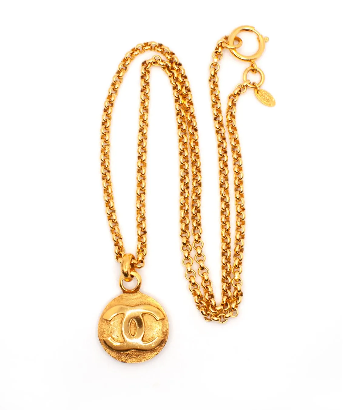 Vintage Chanel logo pendant on long gold-plated belcher chain necklace