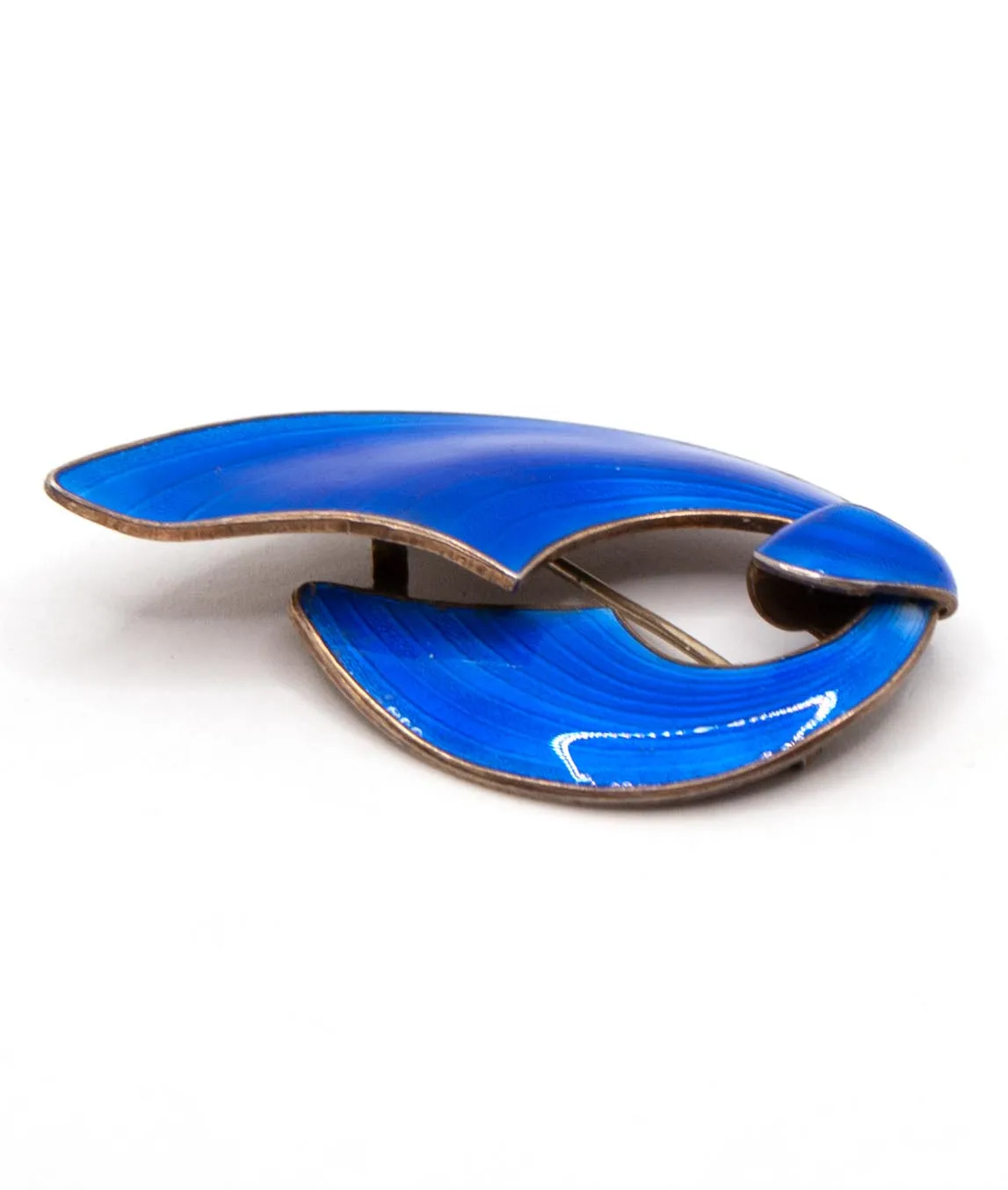 Profile view of royal blue enamel brooch by Norwegian silversmith Finn Jensen