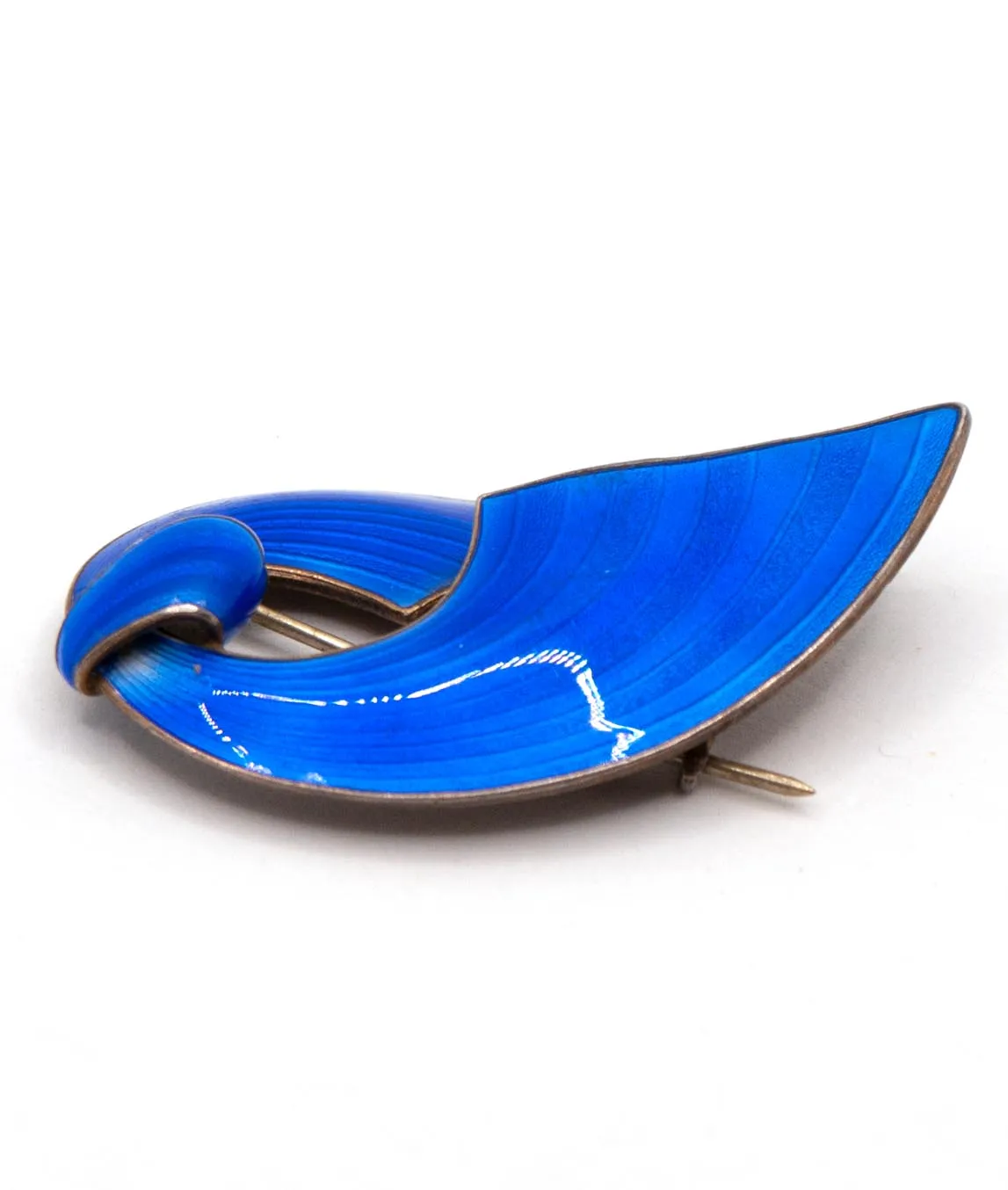 Side view of royal blue enamel brooch by Norwegian silversmith Finn Jensen