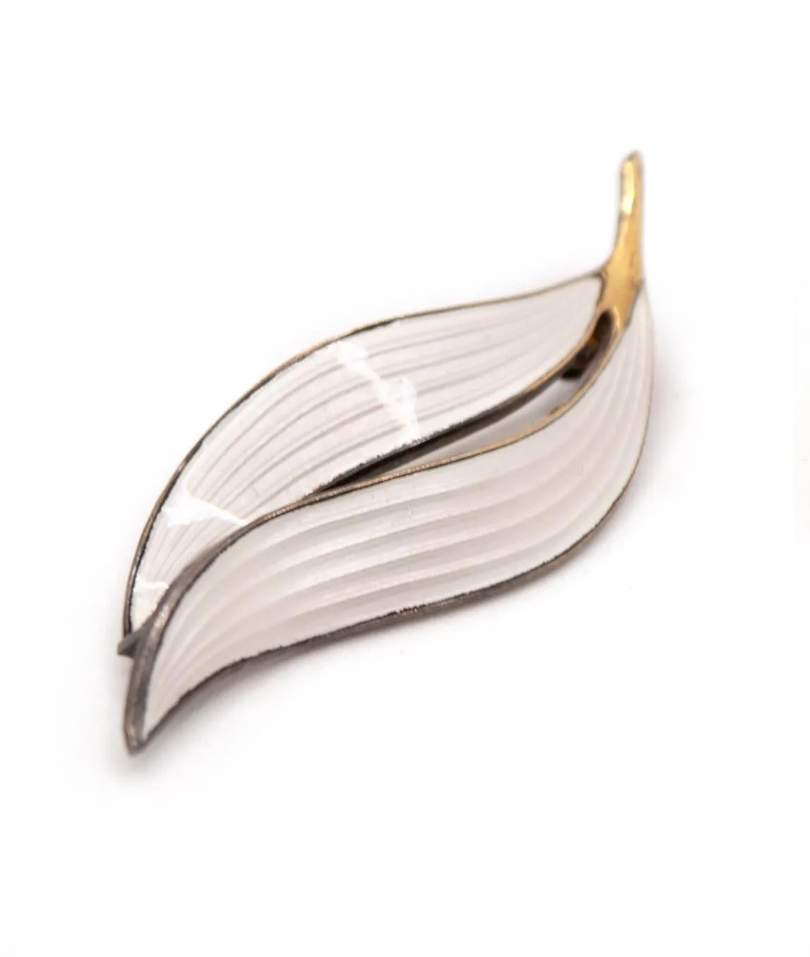 Aksel Holmsen double leaf brooch with lined white enamel on gilt silver