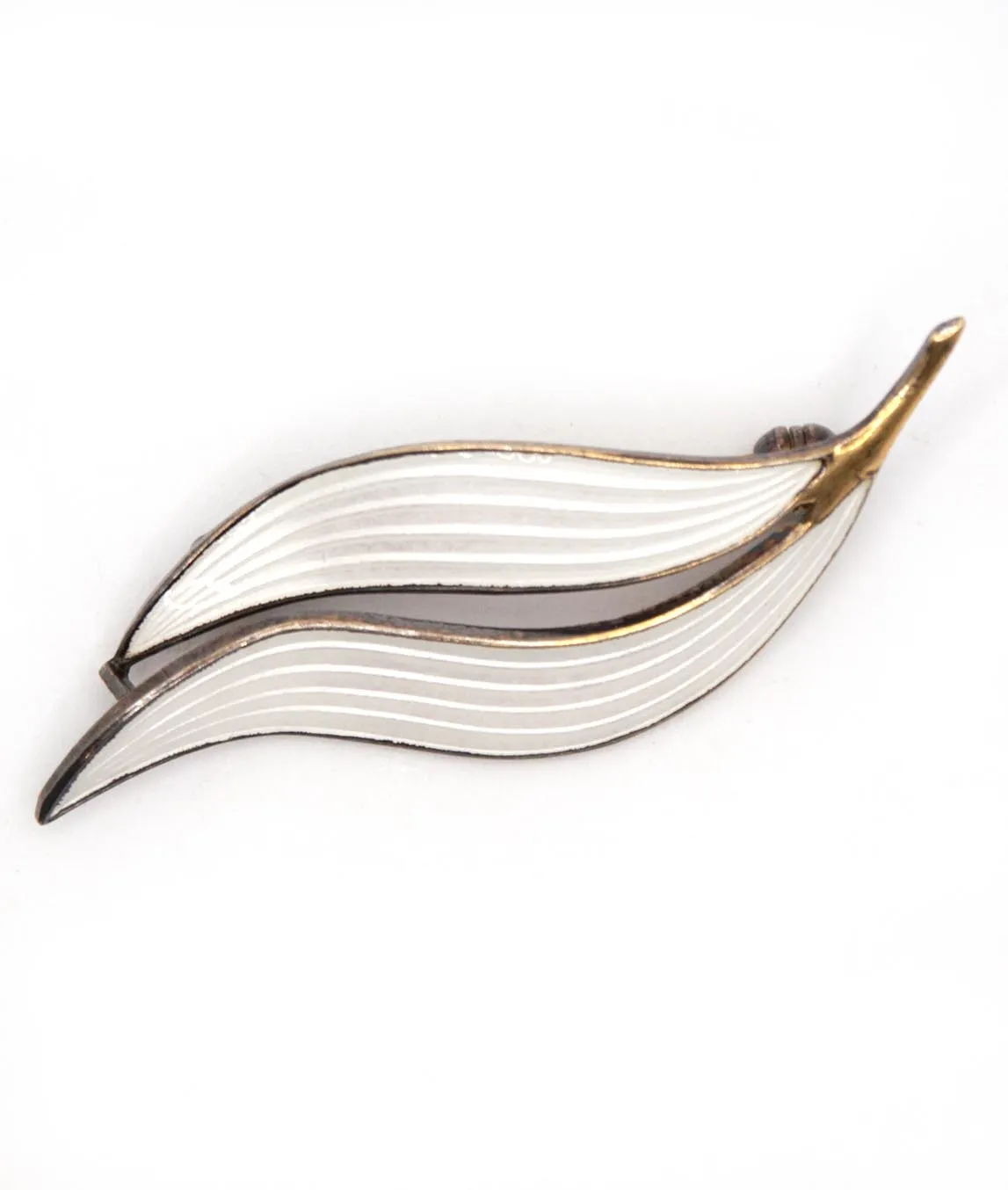 Aksel Holmsen double leaf brooch with white enamel on gilt silver