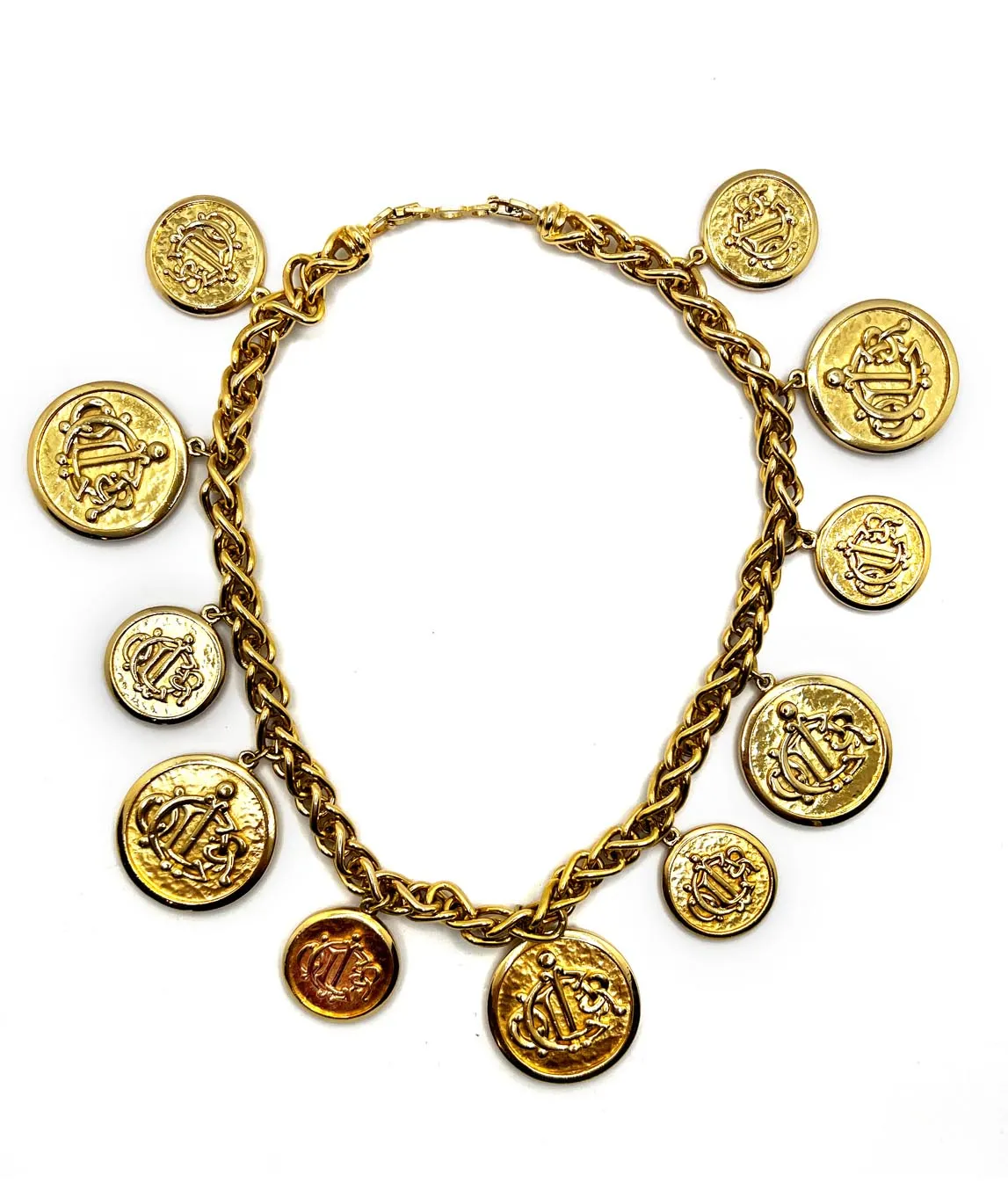 Heavy gold plated chain with Christian Dior monogram logo coins top view