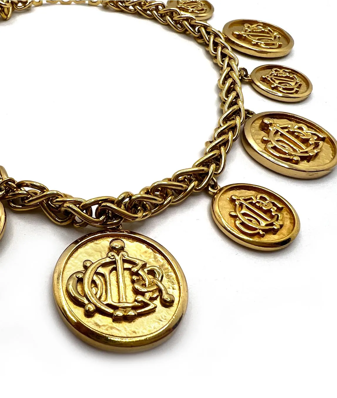 Heavy gold plated chain with Christian Dior monogram logo coin medallions