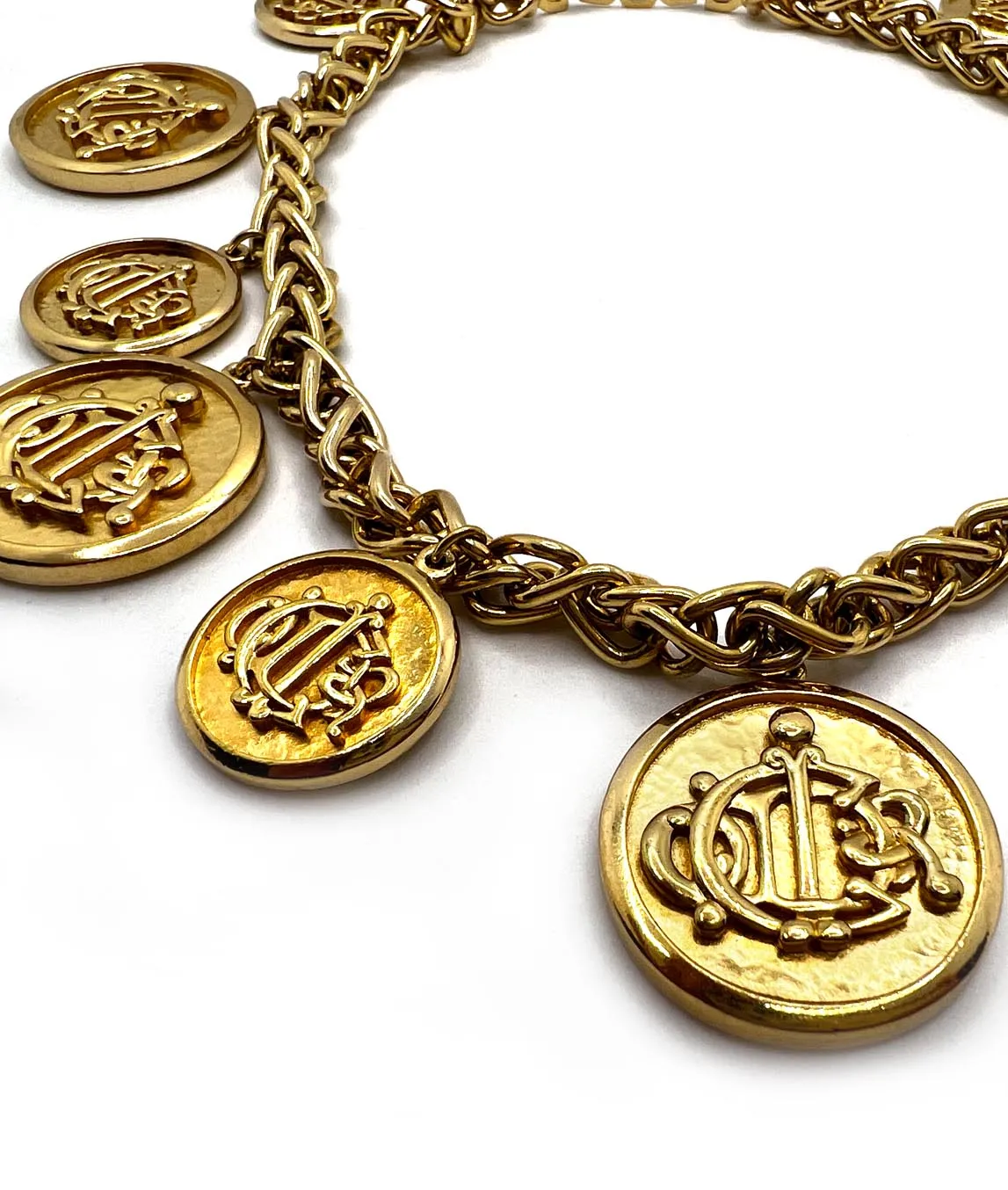 Heavy gold plated chain with Christian Dior monogram logo coins