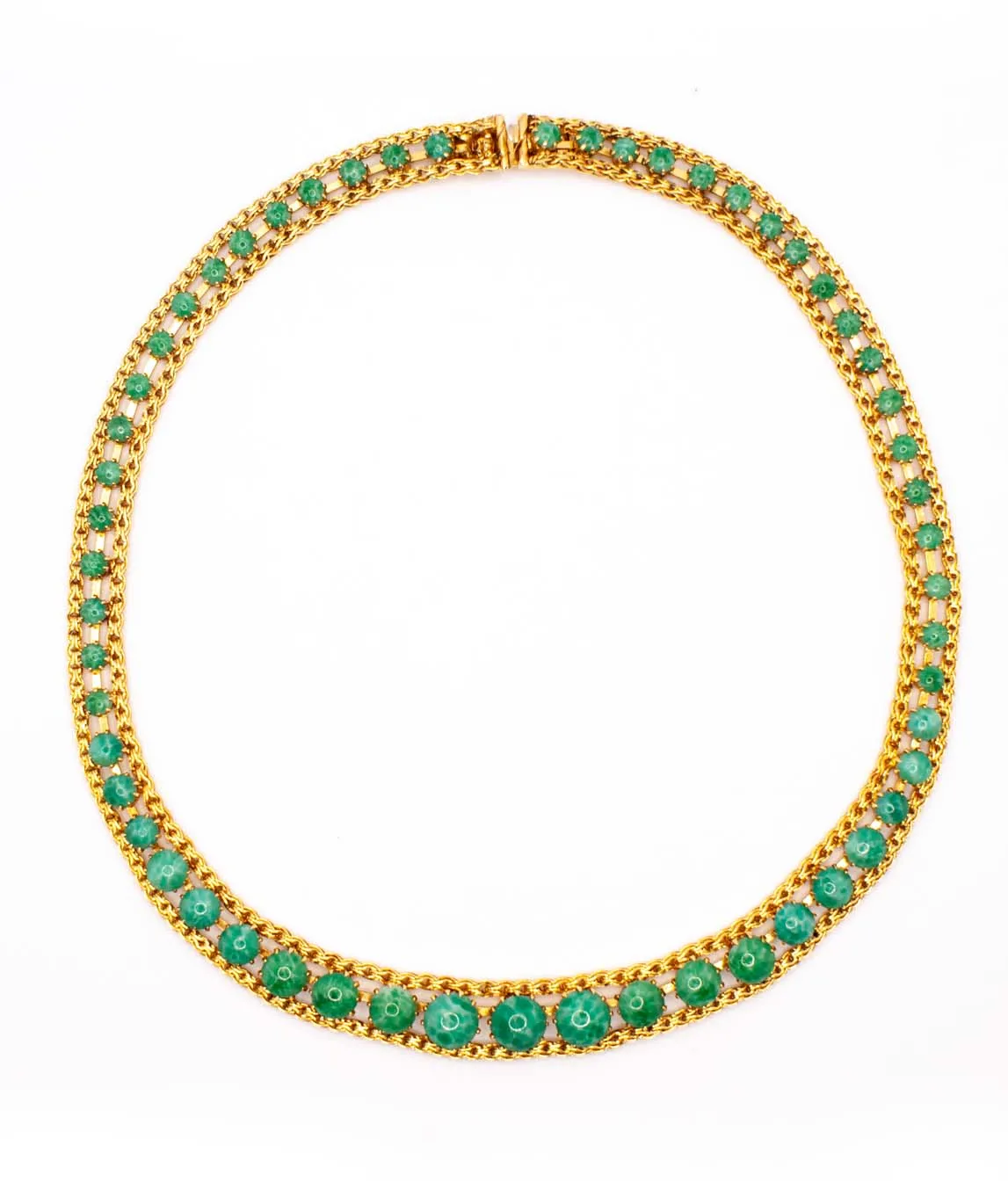 Vintage choker necklace by Christian Dior decorated with gold plated metal and round green glass stones - top view