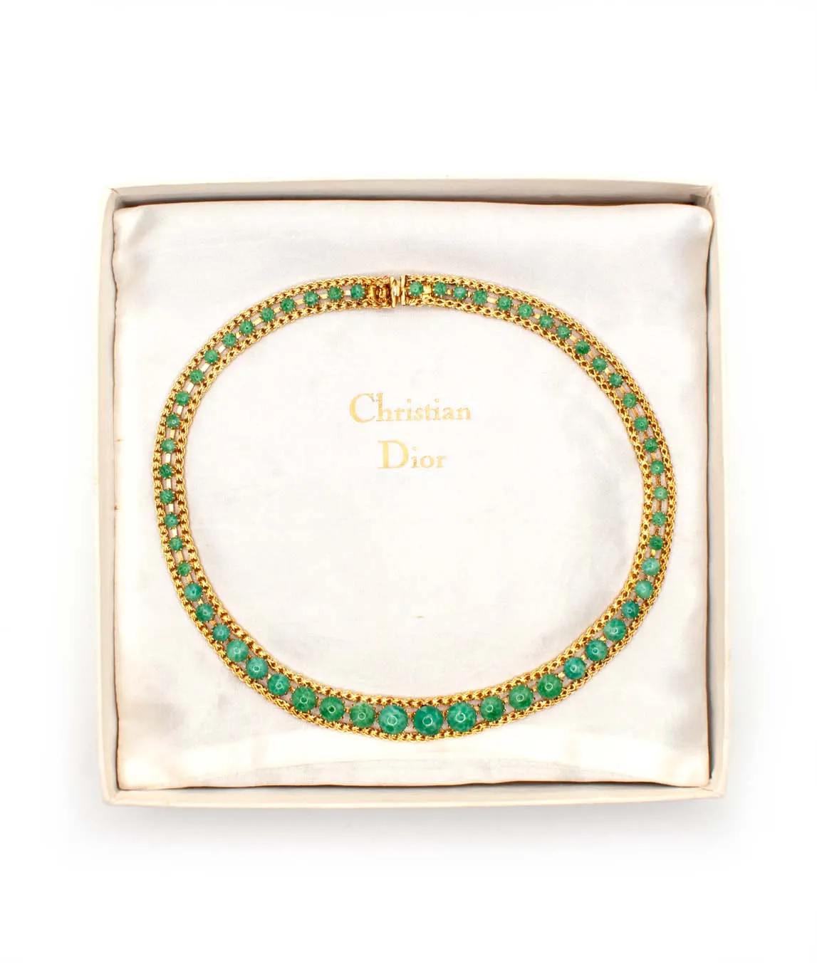 Christian Dior vintage green and gold choker necklace on satin lined box 