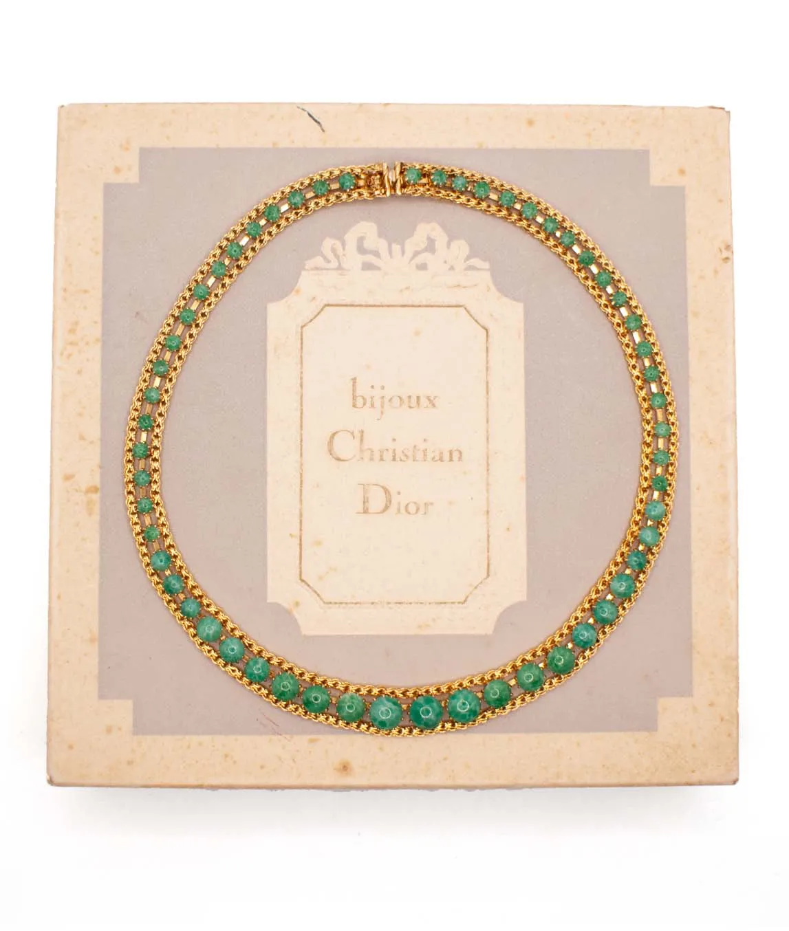bijoux Christian Dior box with 1965 green stone and gold plated choker necklace