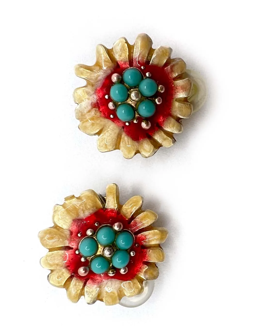 Christian Lacroix yellow and red enamel earrings with turquoise beads 