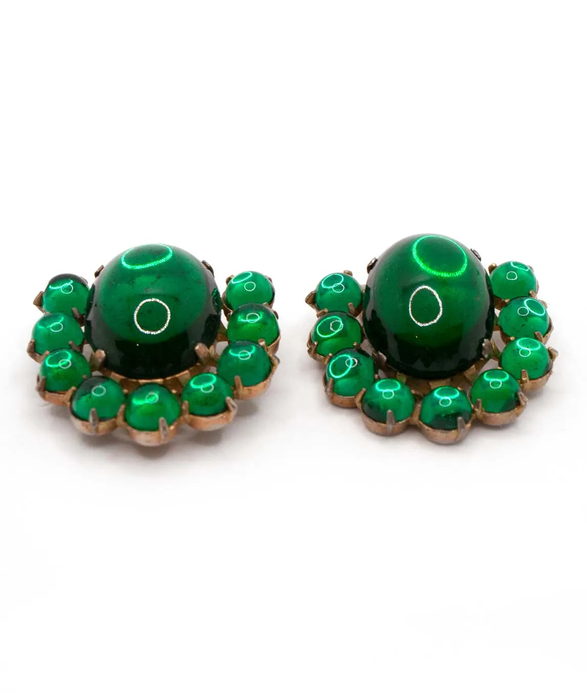 Pair of green glass cabochon dress clips with round glass stones as perimeter