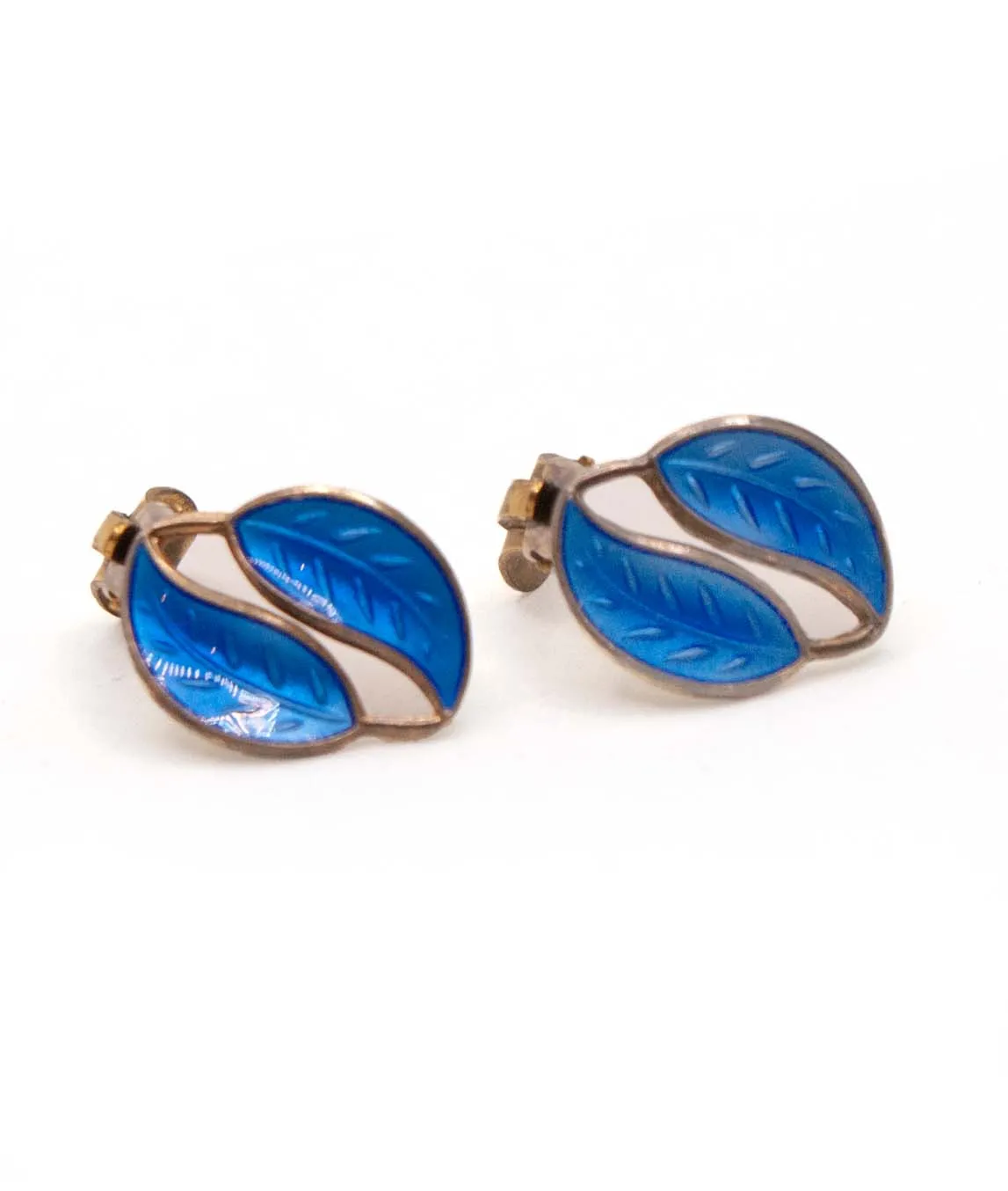 Blue enamel and sterling silver double leaf clip earrings by David Andersen of Norway