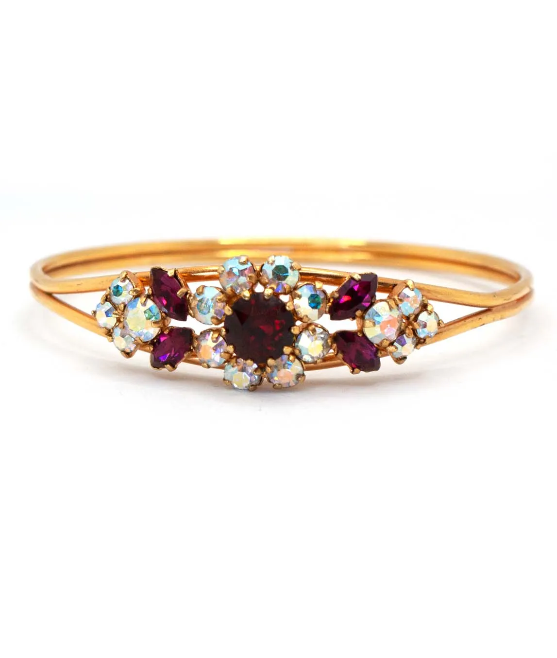 Red and AB rhinestone gold tone vintage Austrian bangle bracelet