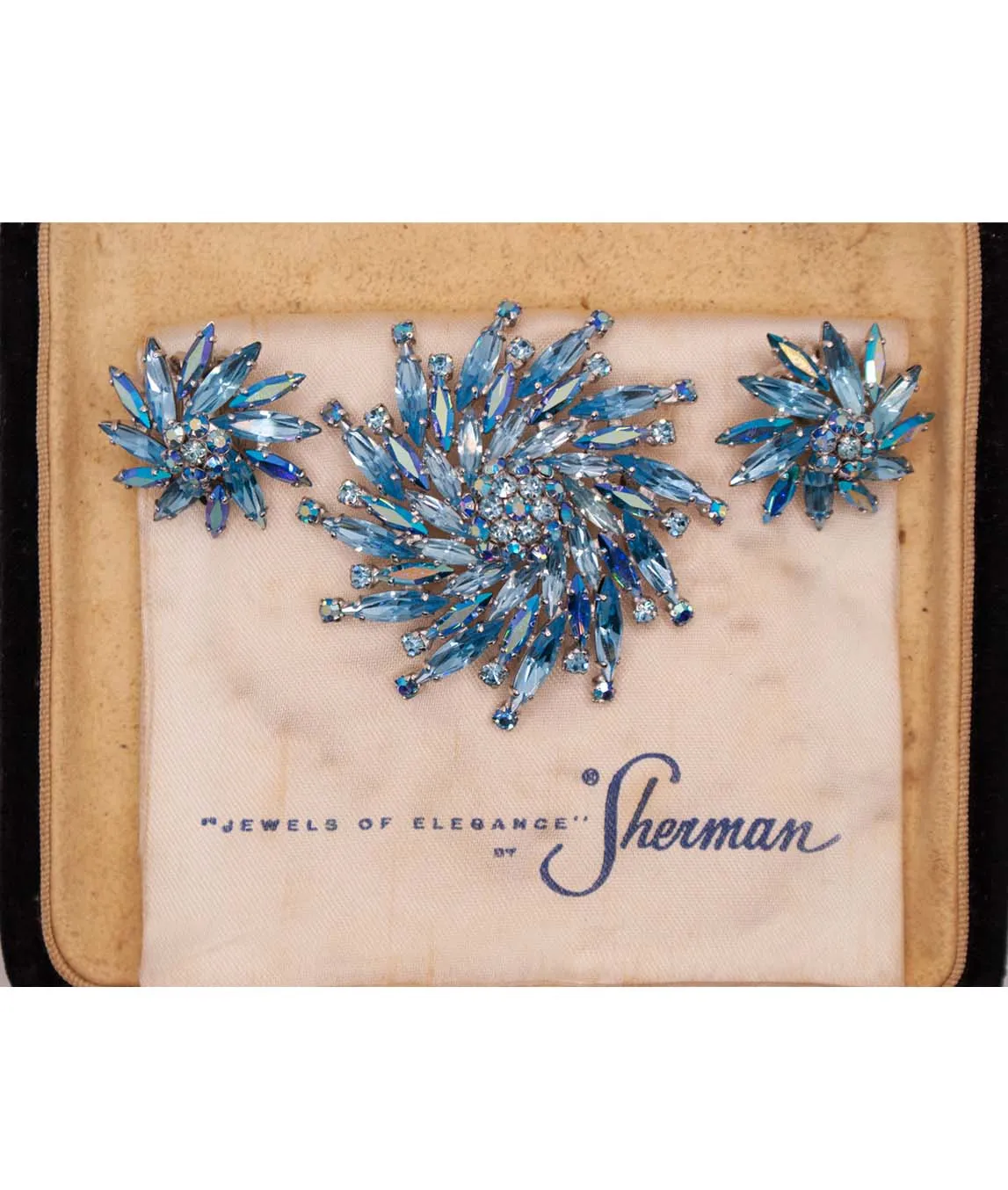 Sherman Jewels of Elegance silk lining with earrings and brooch