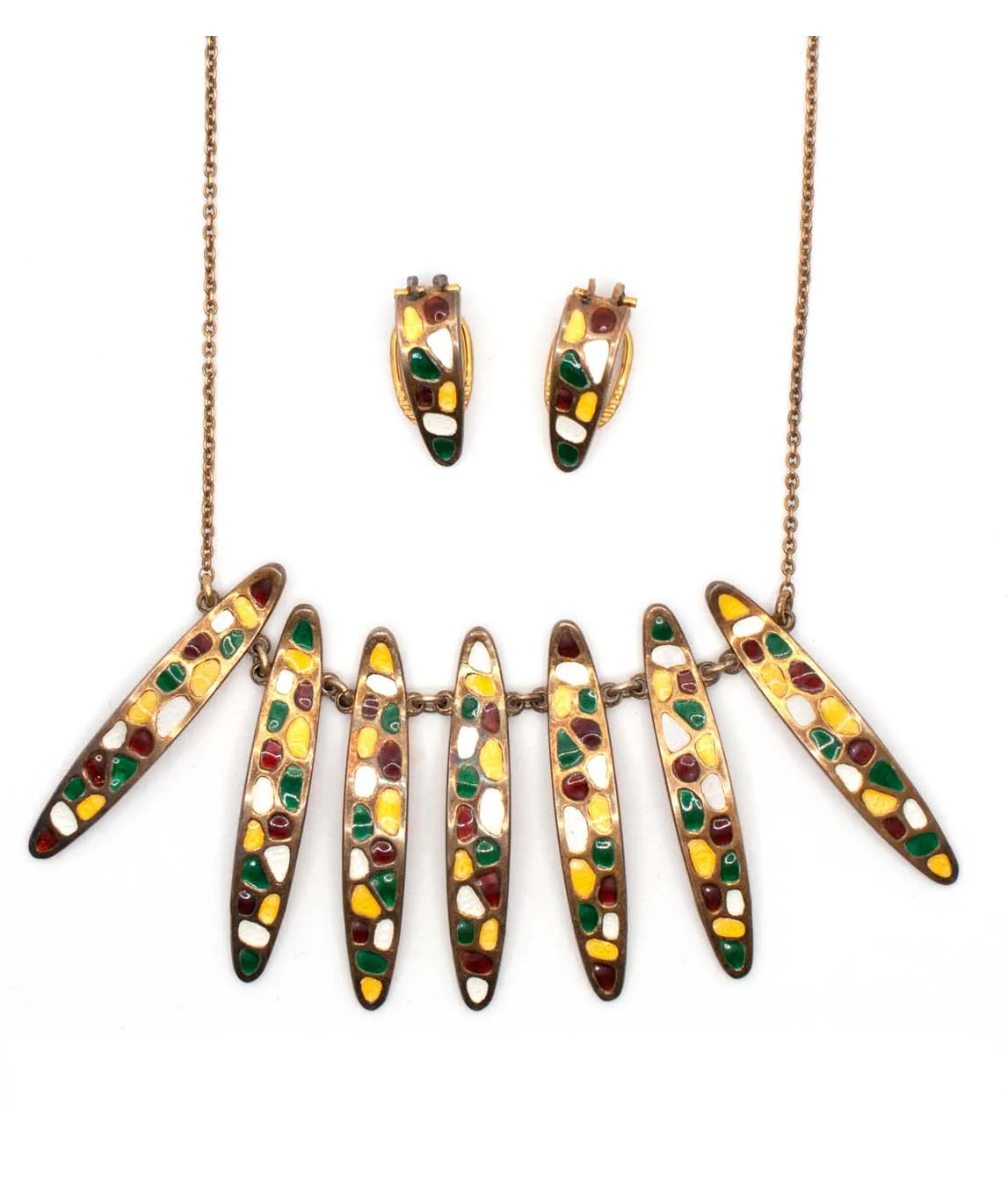 Enamel fringe necklace with earrings in red, yellow, green and white
