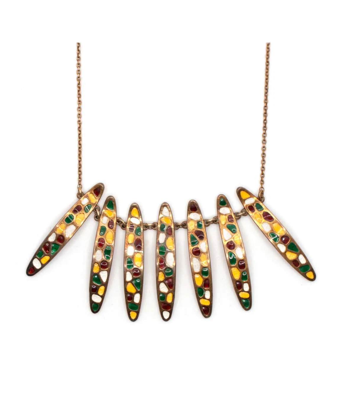Enamel fringe necklace in red, yellow, green and white