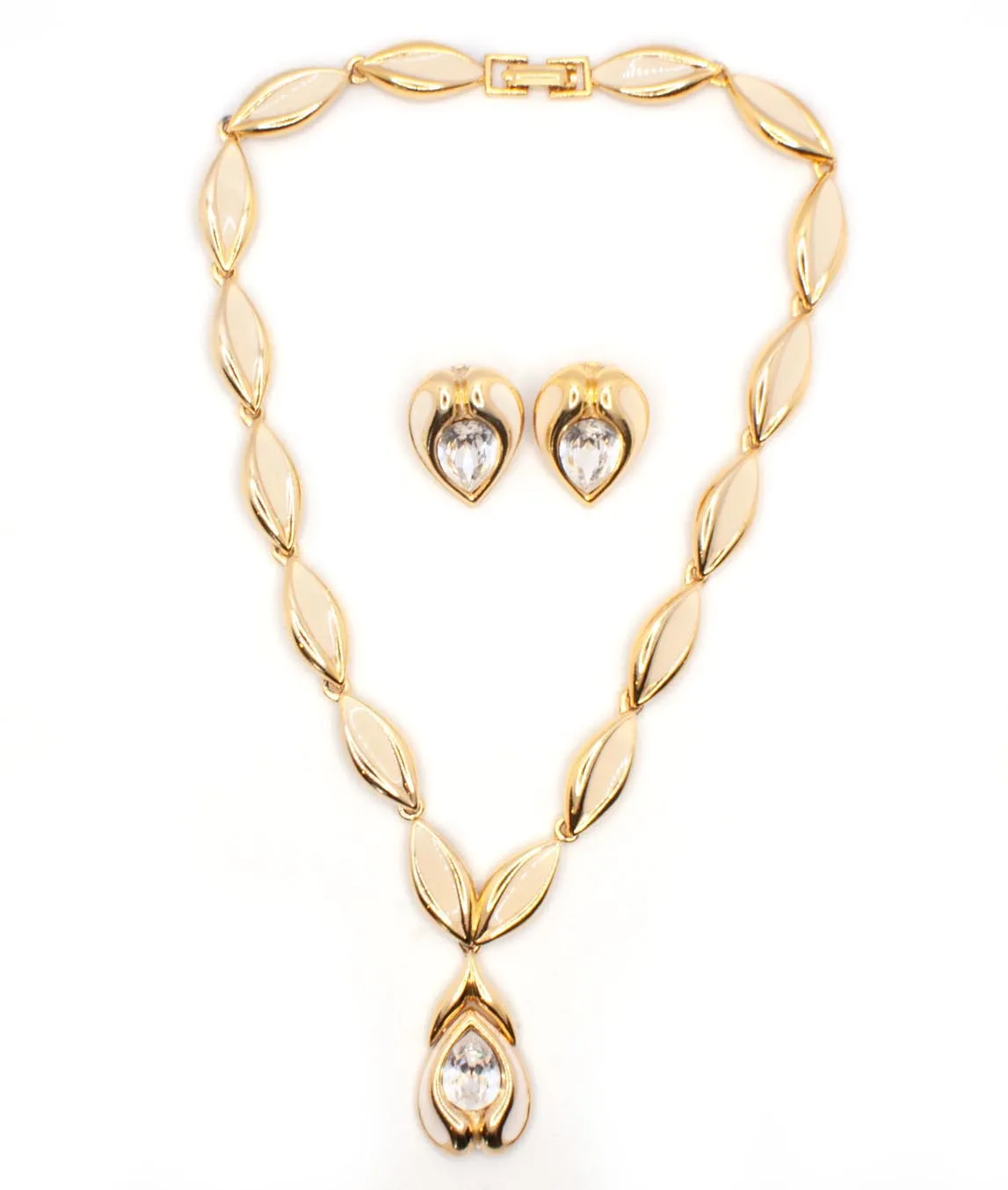 Vintage 1980s cream and gold tone necklace and earring set