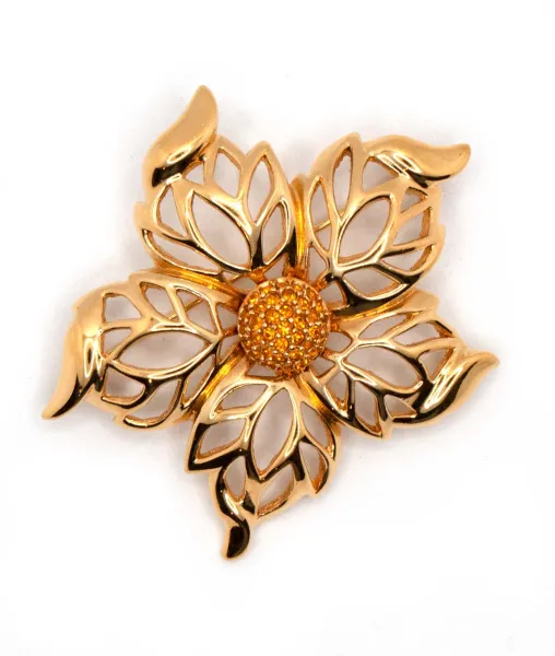 Christian Dior Vintage Orange and Gold Colour Flower Brooch