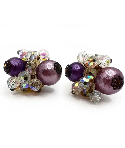 Vendôme Purple and Clear Bead Cluster Clip Earrings