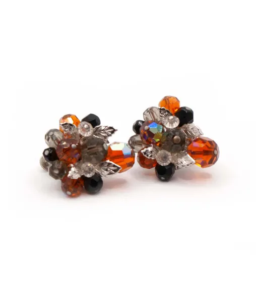Vendôme Orange and Black Beaded Cluster Clip on Earrings 