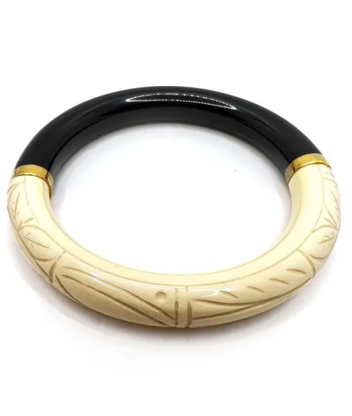 Vintage 1970s Carved Givenchy Bangle Bracelet Black and Ivory Tone