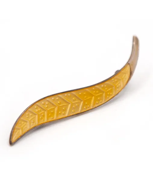 Midcentury Silver and Yellow Enamel Leaf Brooch by Norwegian Designer Aksel Holmsen
