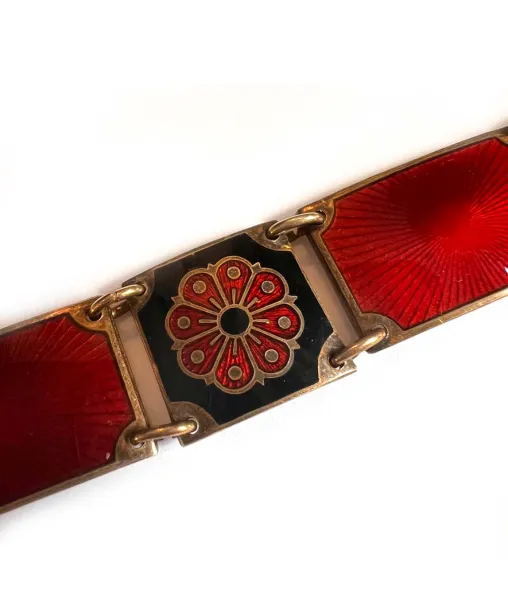 David Andersen Rare Sterling Silver and Enamel Bracelet in Red with Flowers
